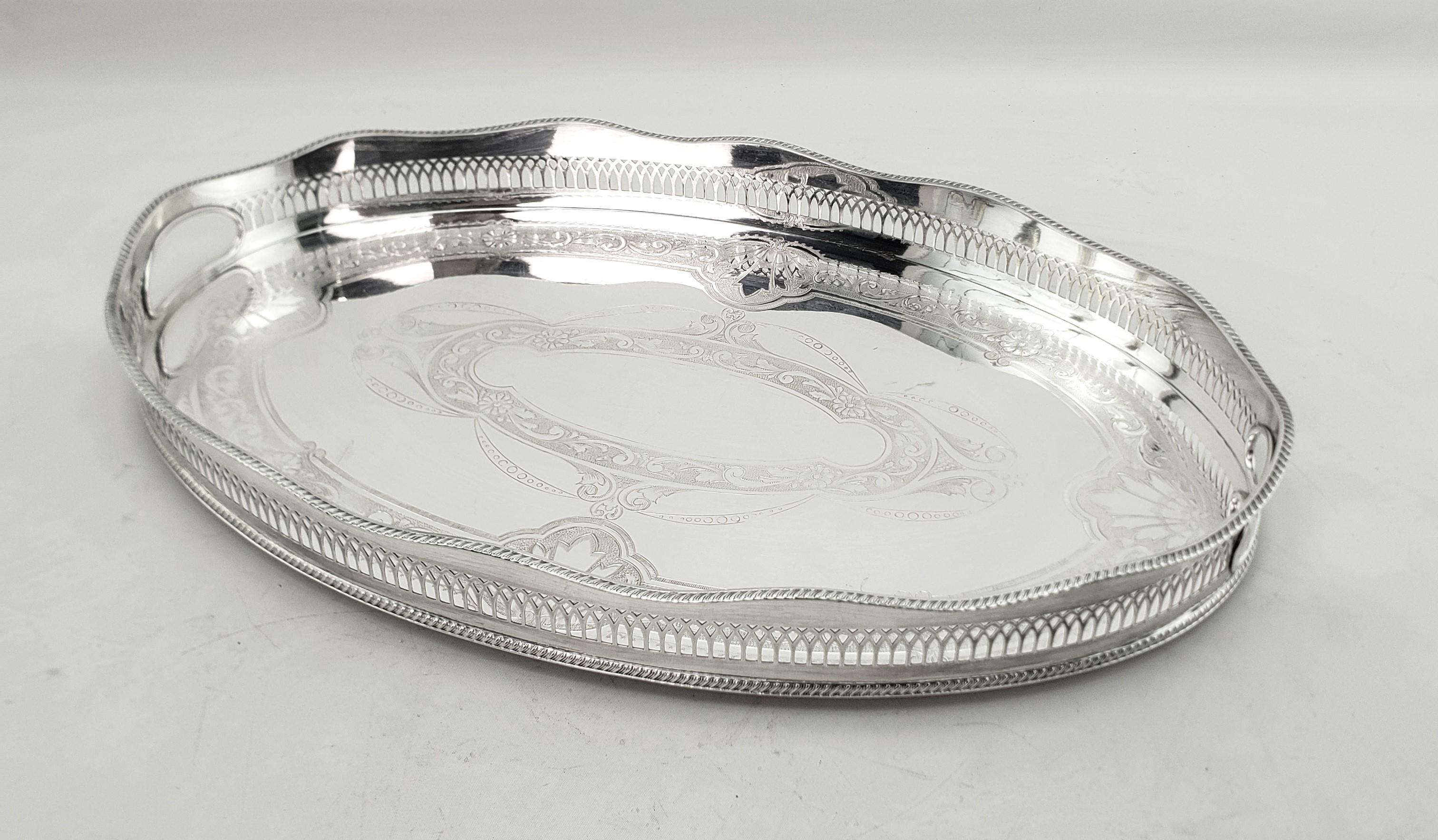 Machine-Made Antique Stylied English Oval Silver Plated Gallery Serving Tray