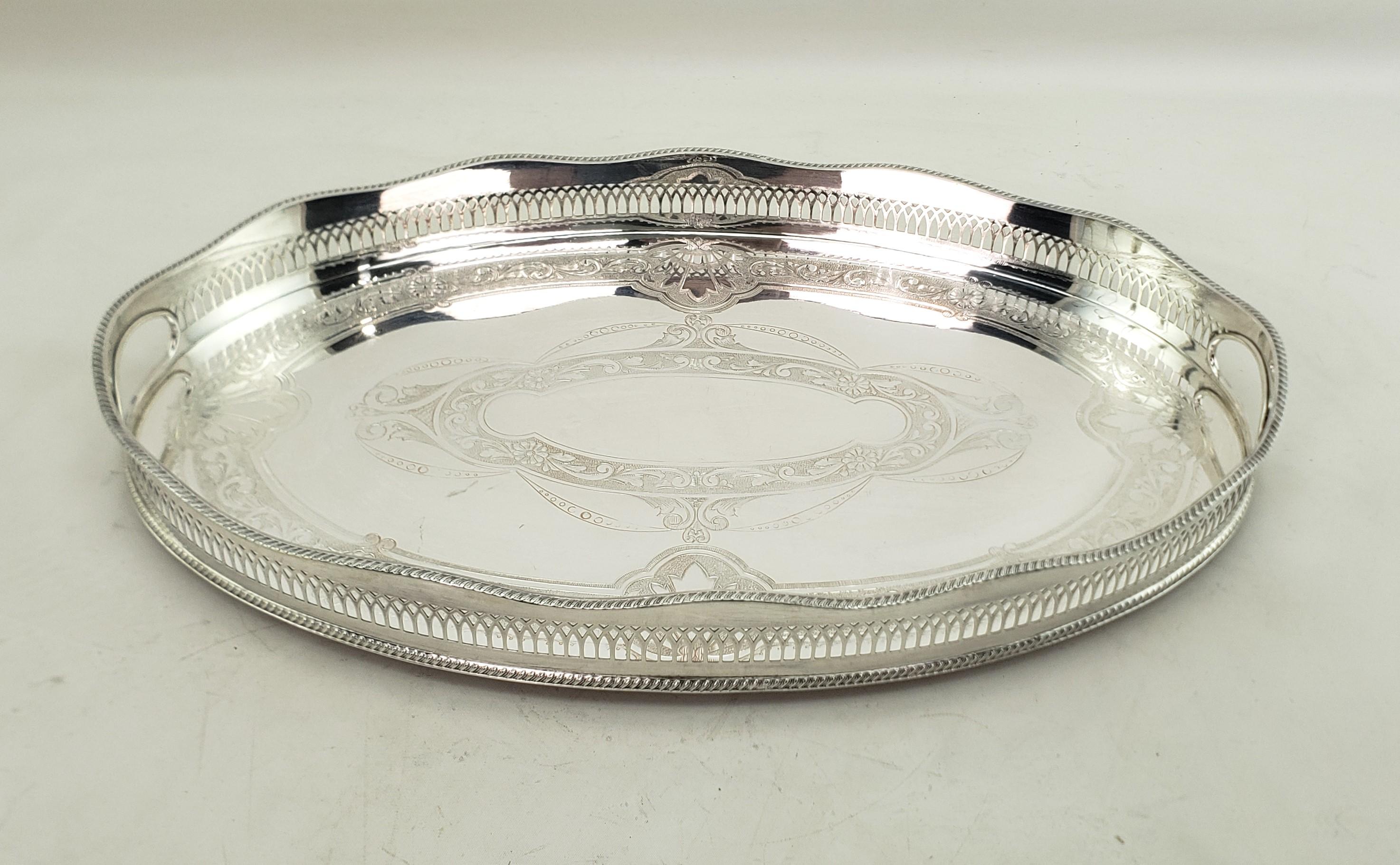 Antique Stylied English Oval Silver Plated Gallery Serving Tray In Good Condition In Hamilton, Ontario