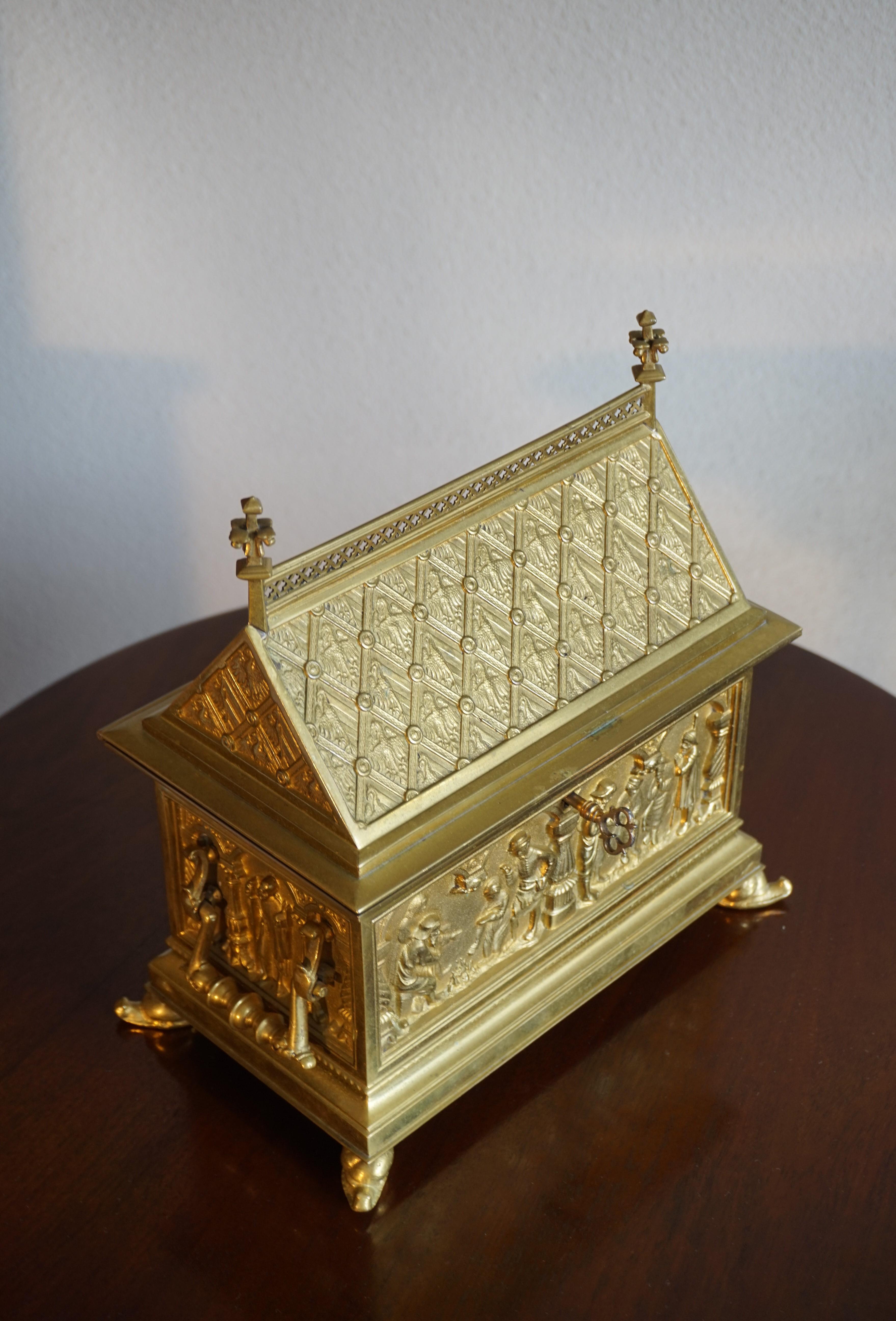 Antique & Stylish Gothic Revival Gilt Bronze & Brass Church Relic or Jewelry Box 9