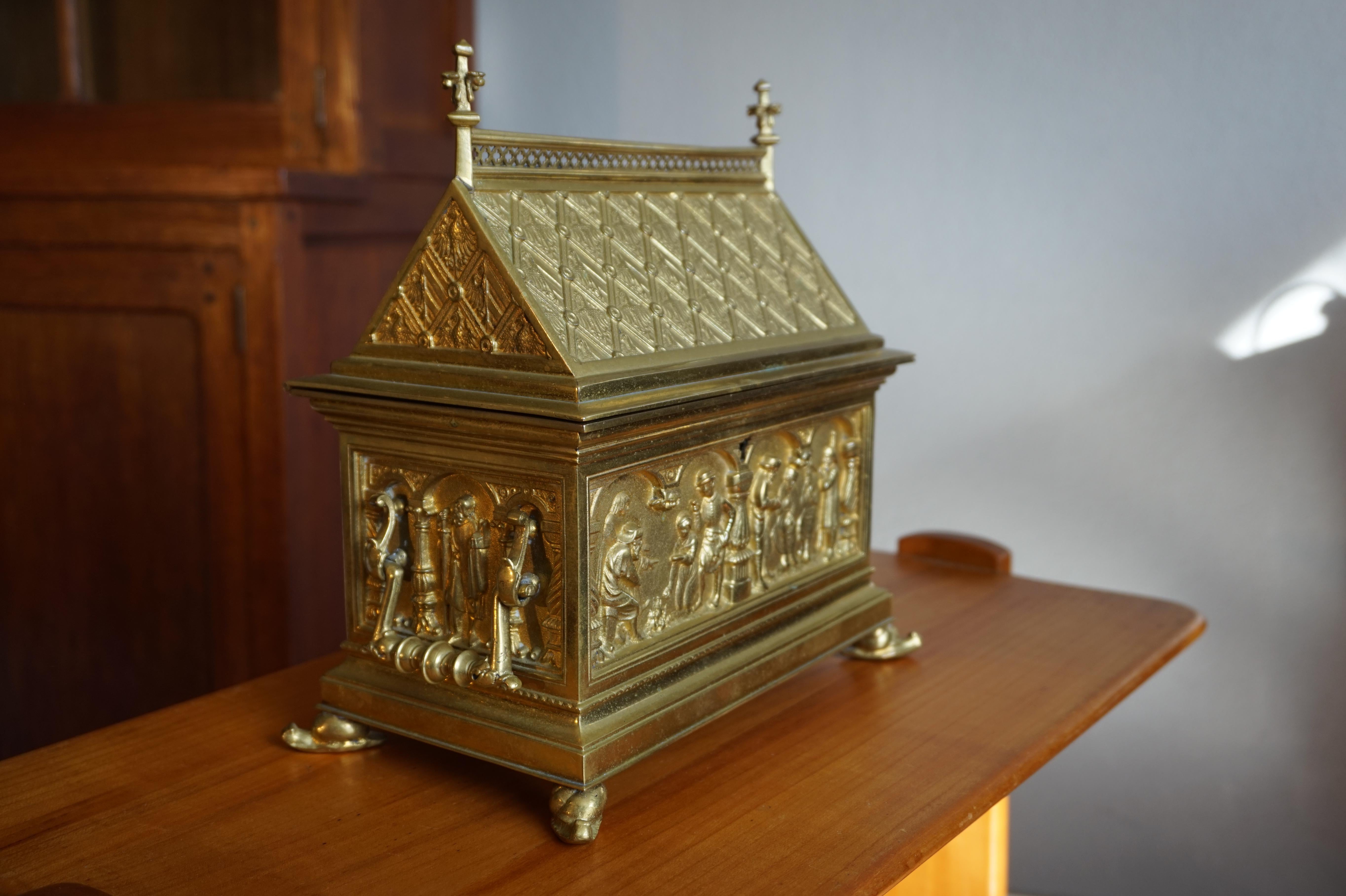European Antique & Stylish Gothic Revival Gilt Bronze & Brass Church Relic or Jewelry Box