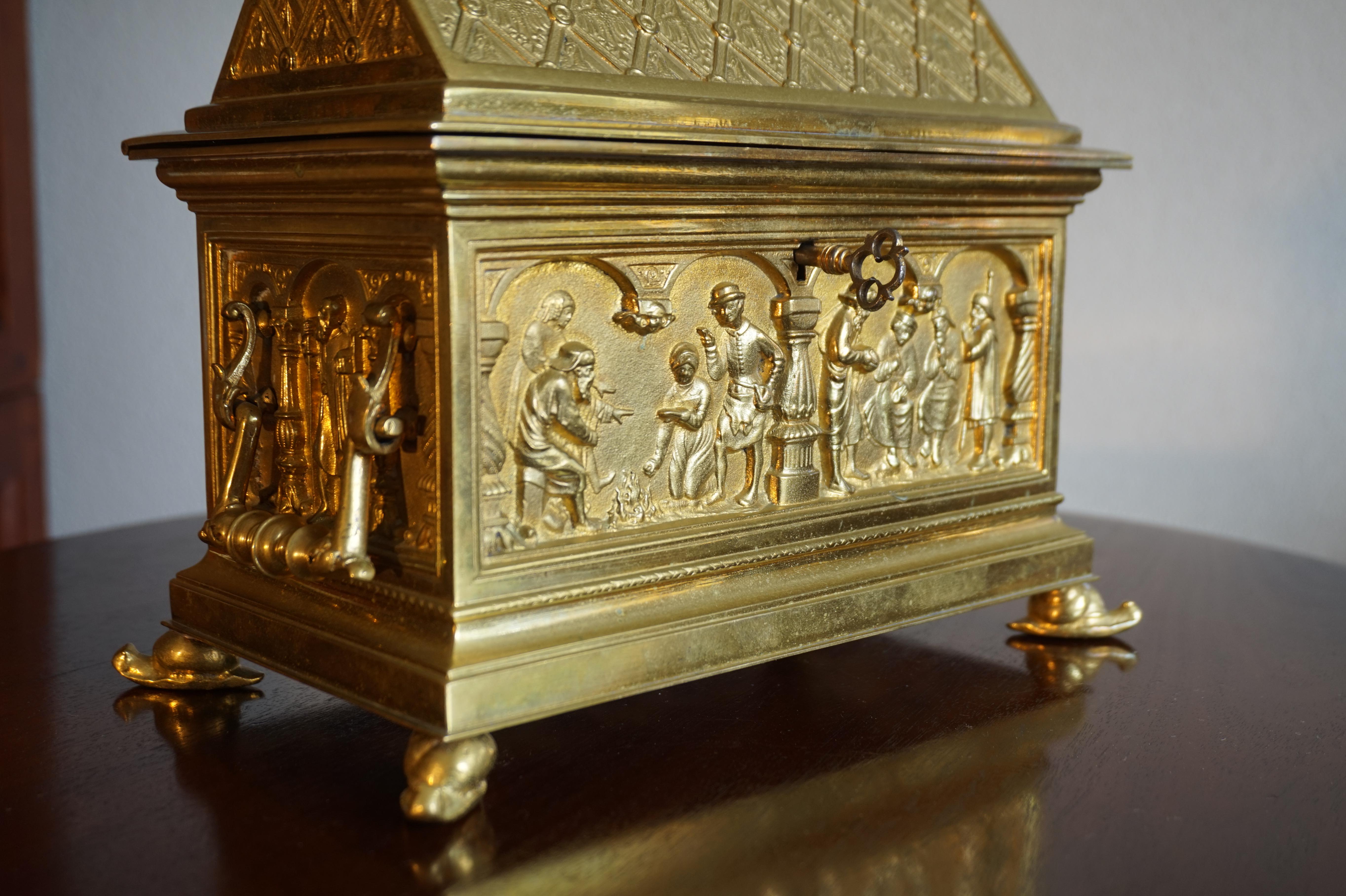 Silk Antique & Stylish Gothic Revival Gilt Bronze & Brass Church Relic or Jewelry Box