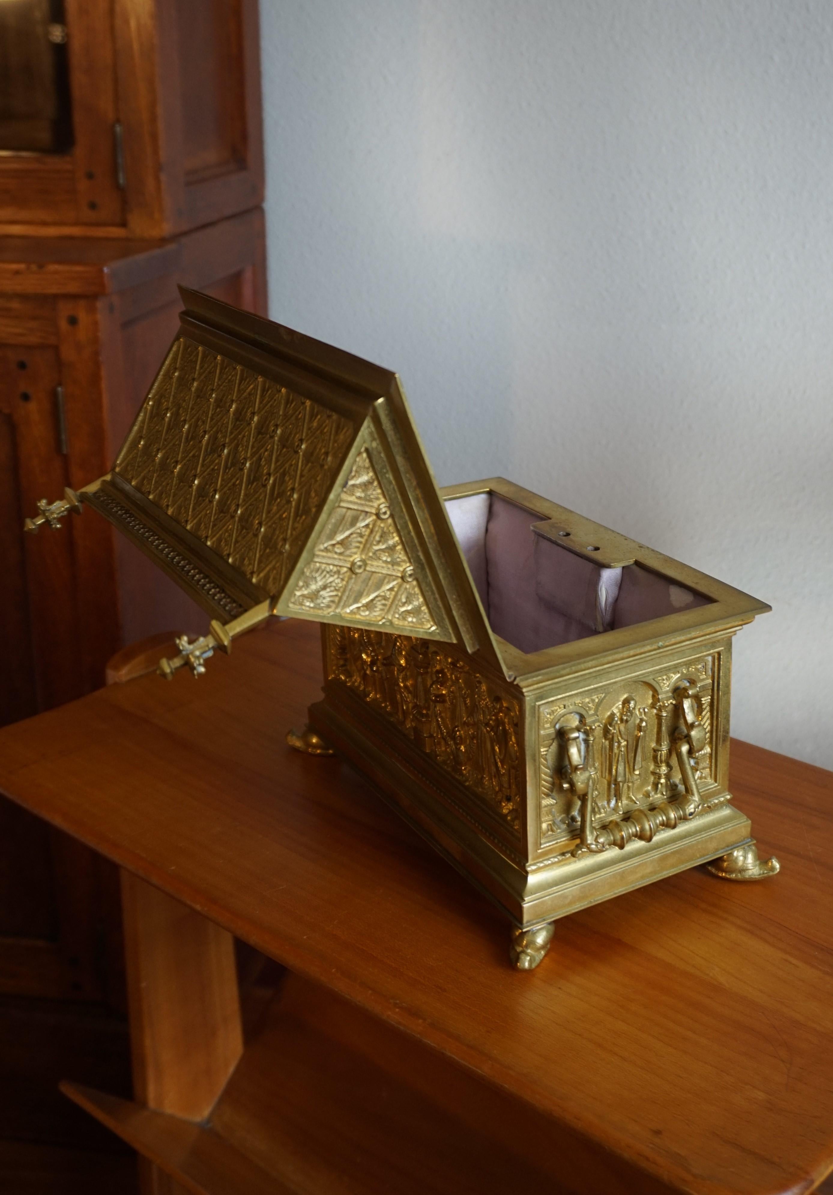 Antique & Stylish Gothic Revival Gilt Bronze & Brass Church Relic or Jewelry Box 3