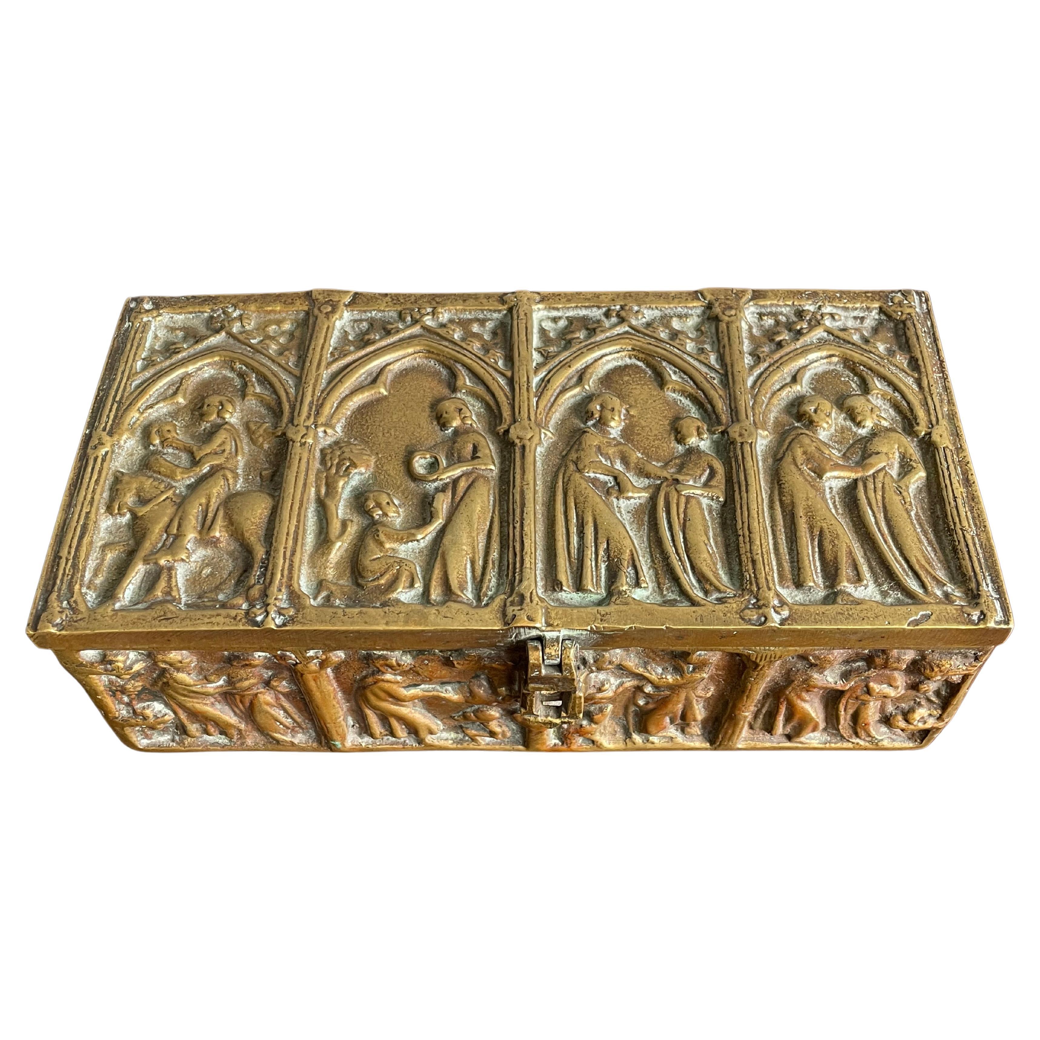 Antique & Stylish Gothic Revival Thick Bronze Church Relic or Jewelry Box For Sale