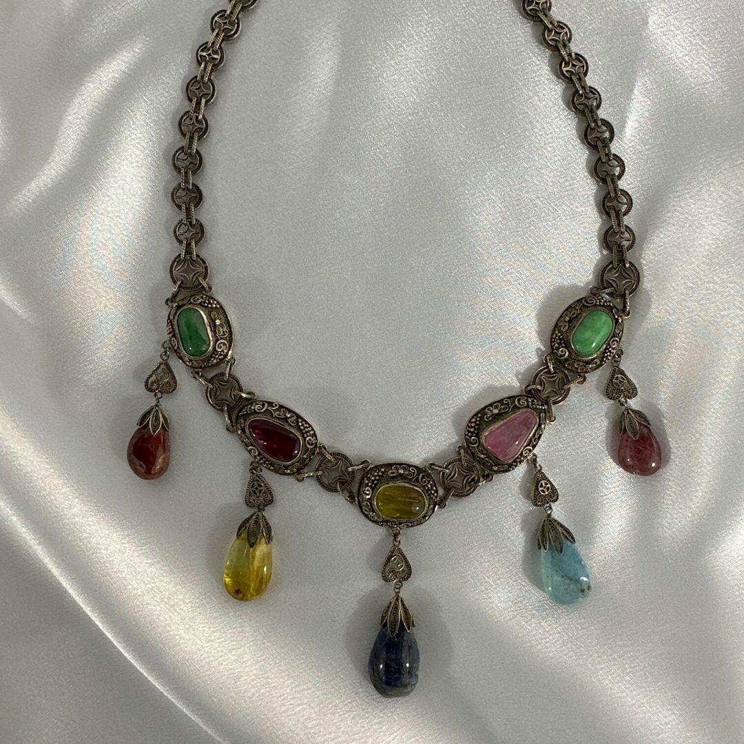 Antique Stylish Multi Drop Multi Gemstone Necklace Silver 10 Gem Stone In Excellent Condition In Jacksonville, FL