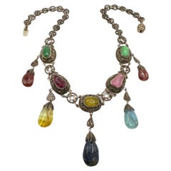 Antique Stylish Multi Drop Multi Gemstone Necklace Silver 10 Gem Stone