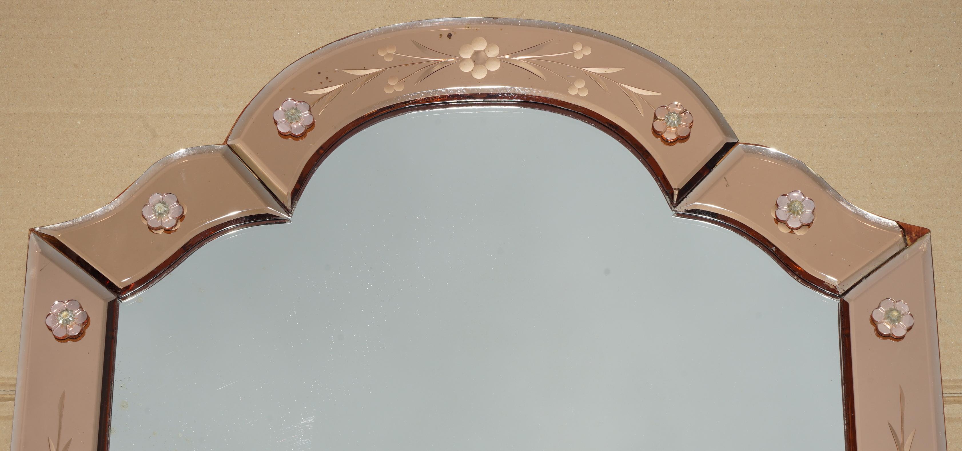 ANTIQUE SUBLIME 1920 ART DECO PEACH GLASS VENETIAN DRESSING TABLE VANITY MiRROR In Fair Condition For Sale In West Sussex, Pulborough