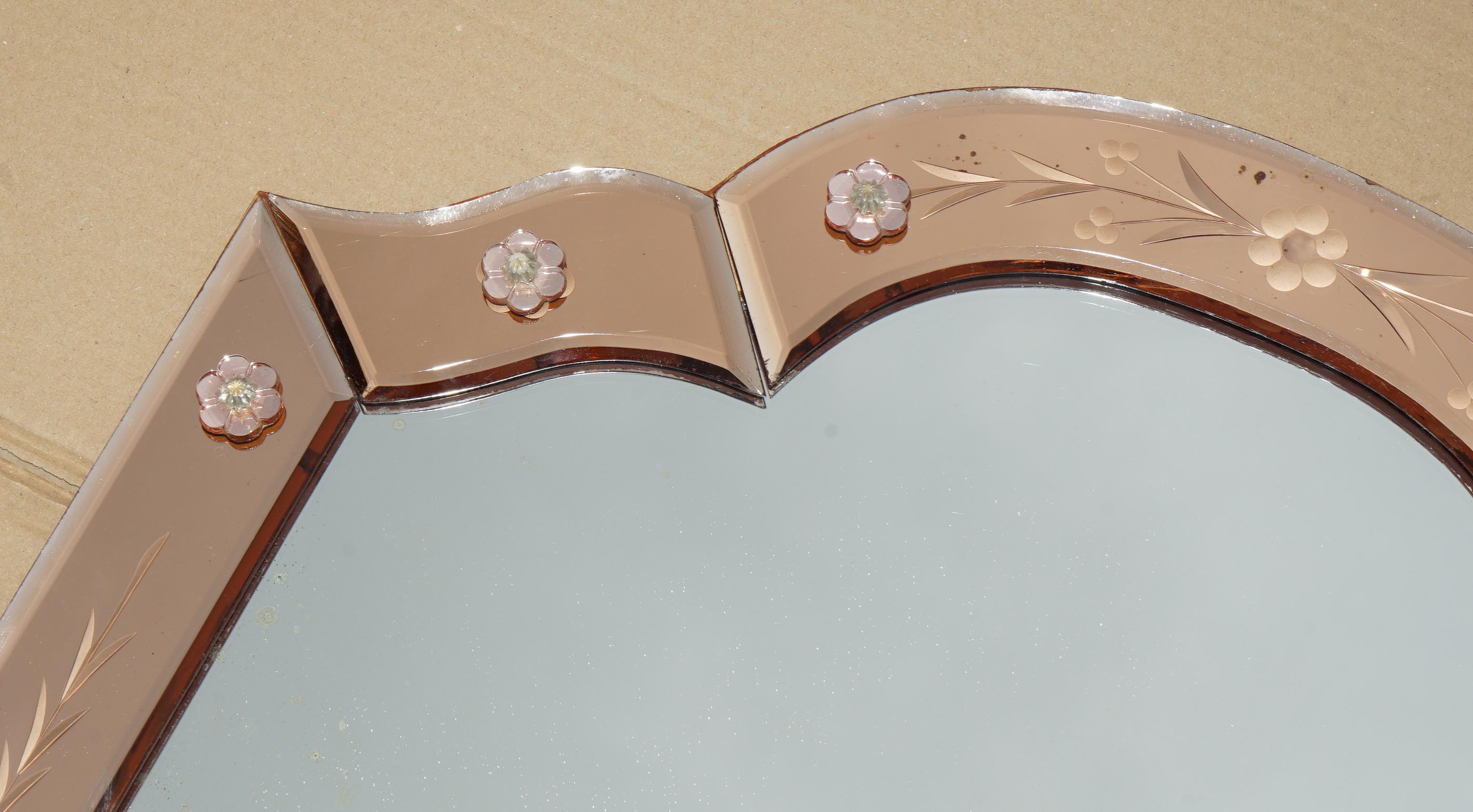 Early 20th Century ANTIQUE SUBLIME 1920 ART DECO PEACH GLASS VENETIAN DRESSING TABLE VANITY MiRROR For Sale