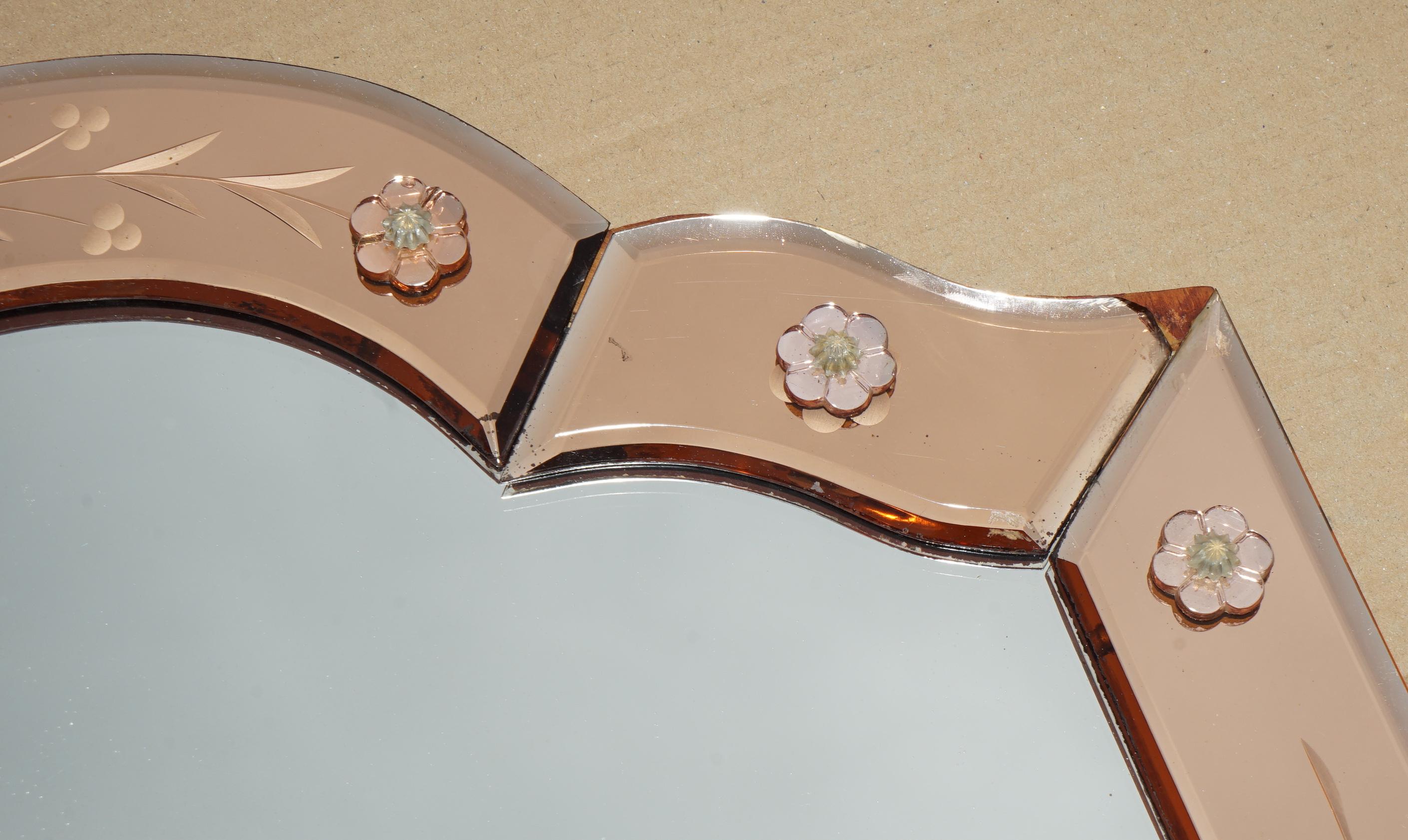 ANTIQUE SUBLIME 1920 ART DECO PEACH GLASS VENETIAN DRESSING TABLE VANITY MiRROR For Sale 1