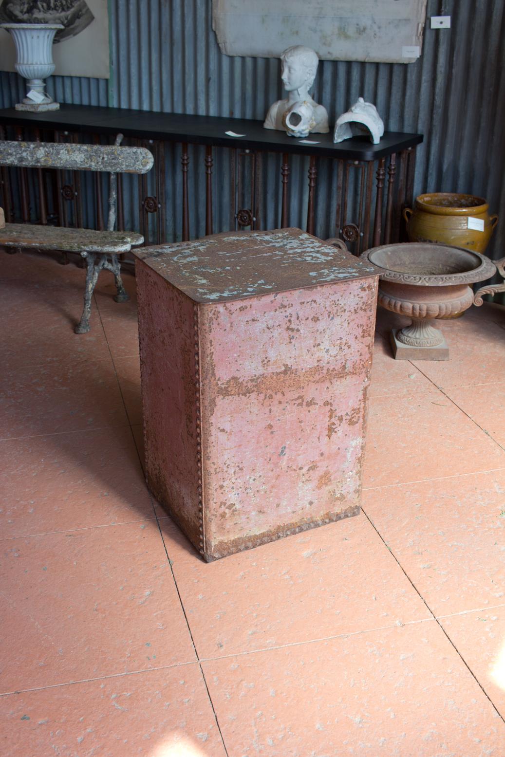 Substantial antique gauged and riveted metal container, possibly a log or coal box. Original paint residue.