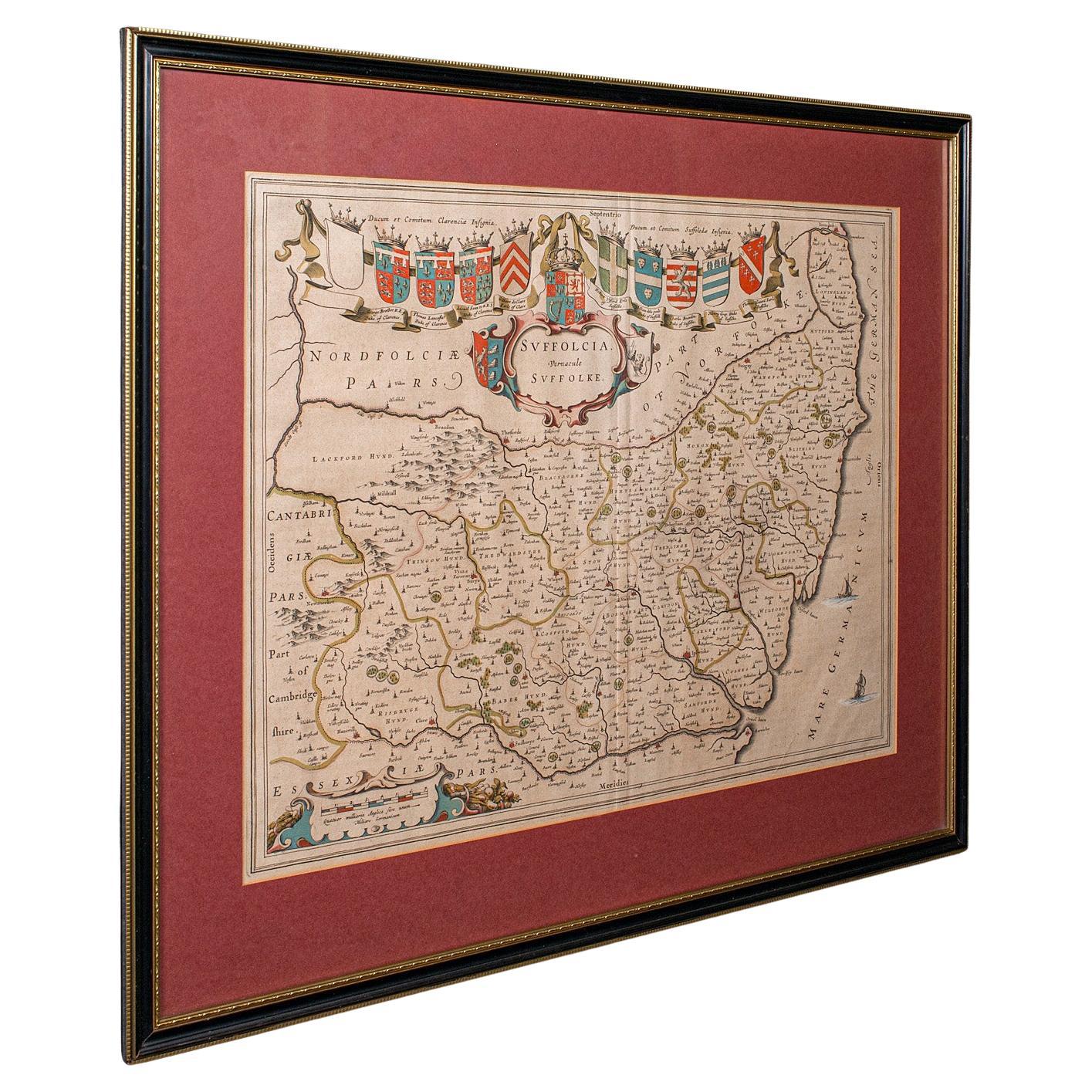 Antique Suffolk County Map, Dutch, Atlas Novus, Joan Blaeu, Cartography, C.1645