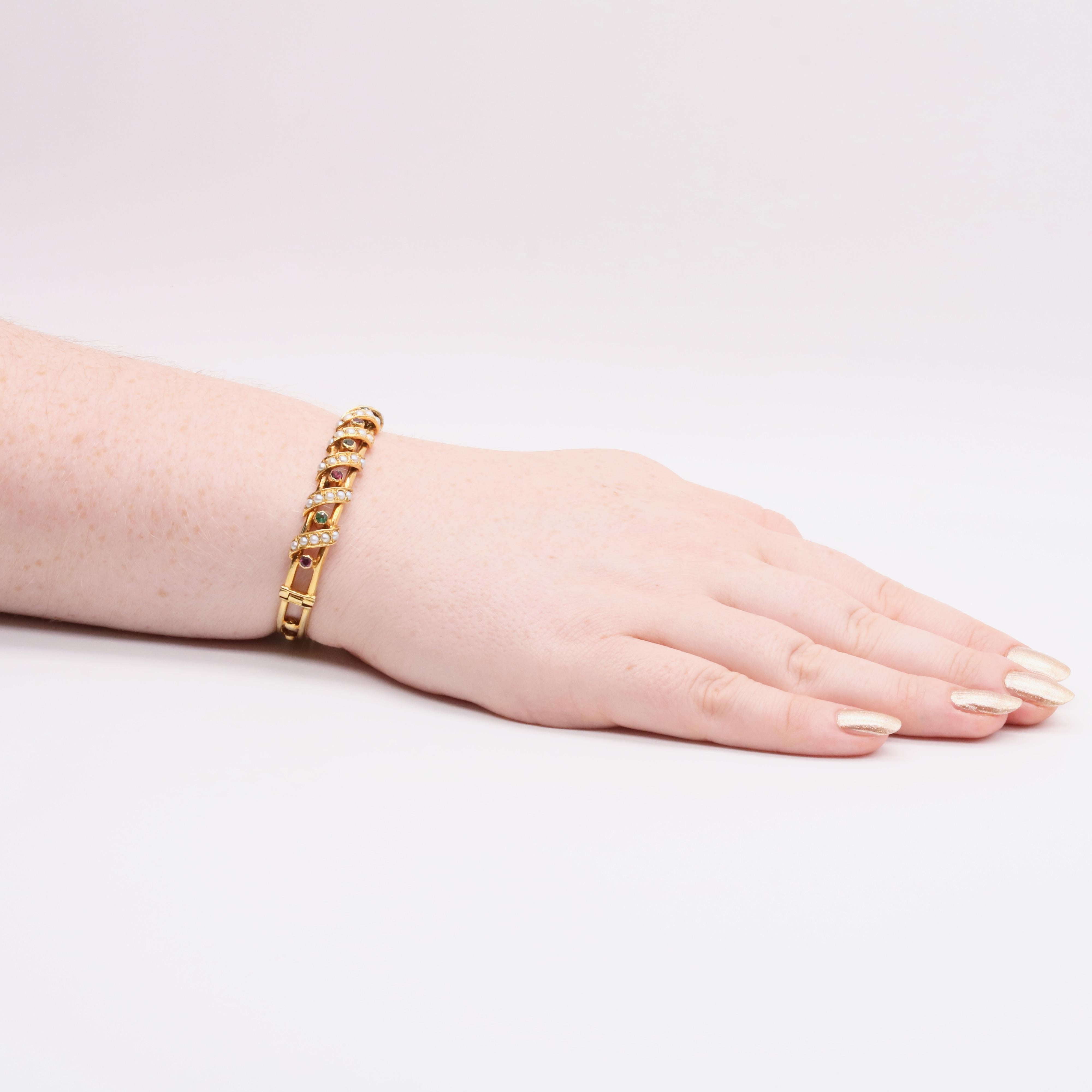 Antiker Suffragette 23g 18K Gold Rhodolith Granat, Peridot & Perle Scharnier-Armreif 5