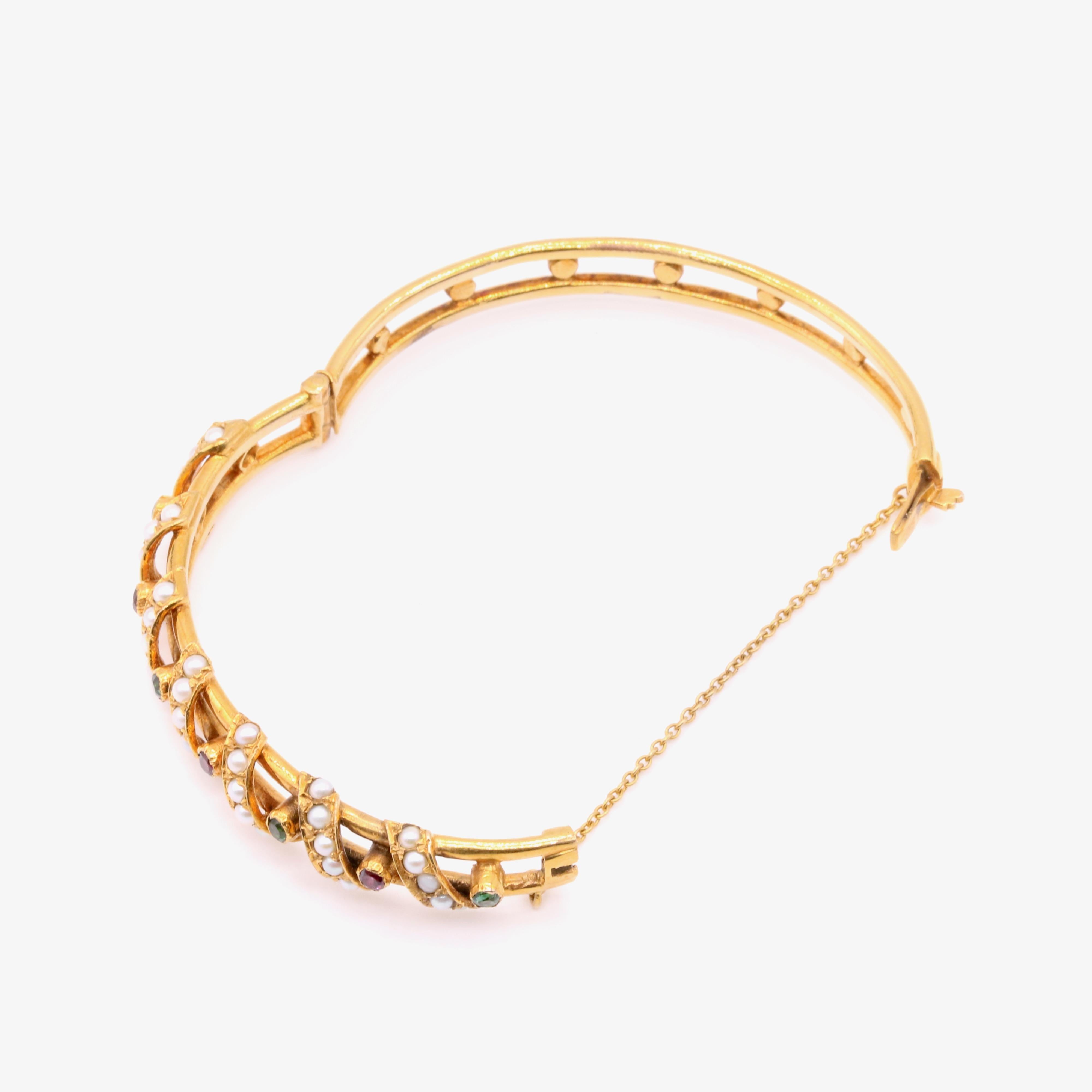 Antiker Suffragette 23g 18K Gold Rhodolith Granat, Peridot & Perle Scharnier-Armreif 1