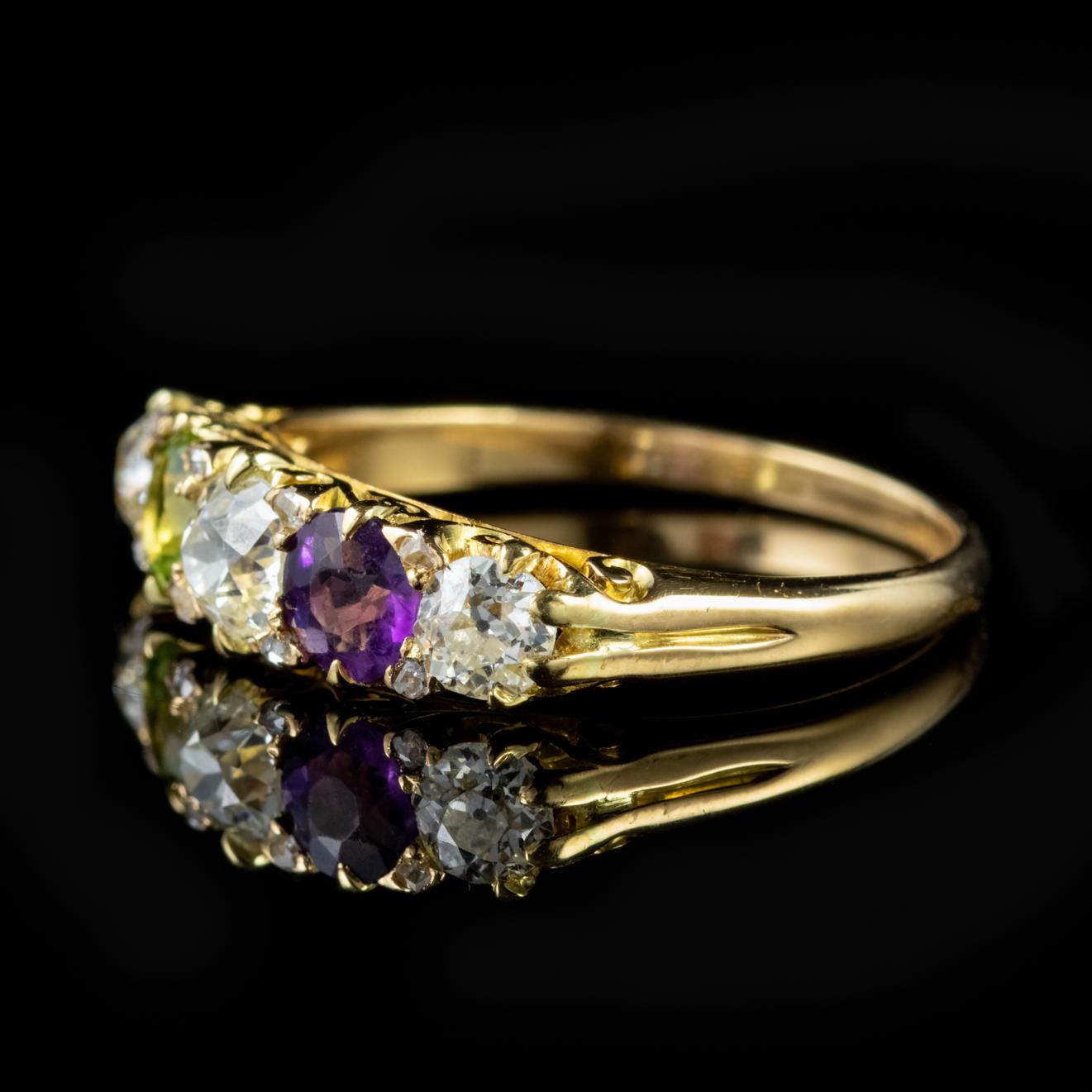 A gorgeous antique Edwardian Suffragette ring adorned with a Peridot, Amethyst and three cushion cut Diamonds which are all 0.20ct each. 

Suffragette jewellery was worn to show one’s allegiance to the women’s Suffragette movement in the early 20th