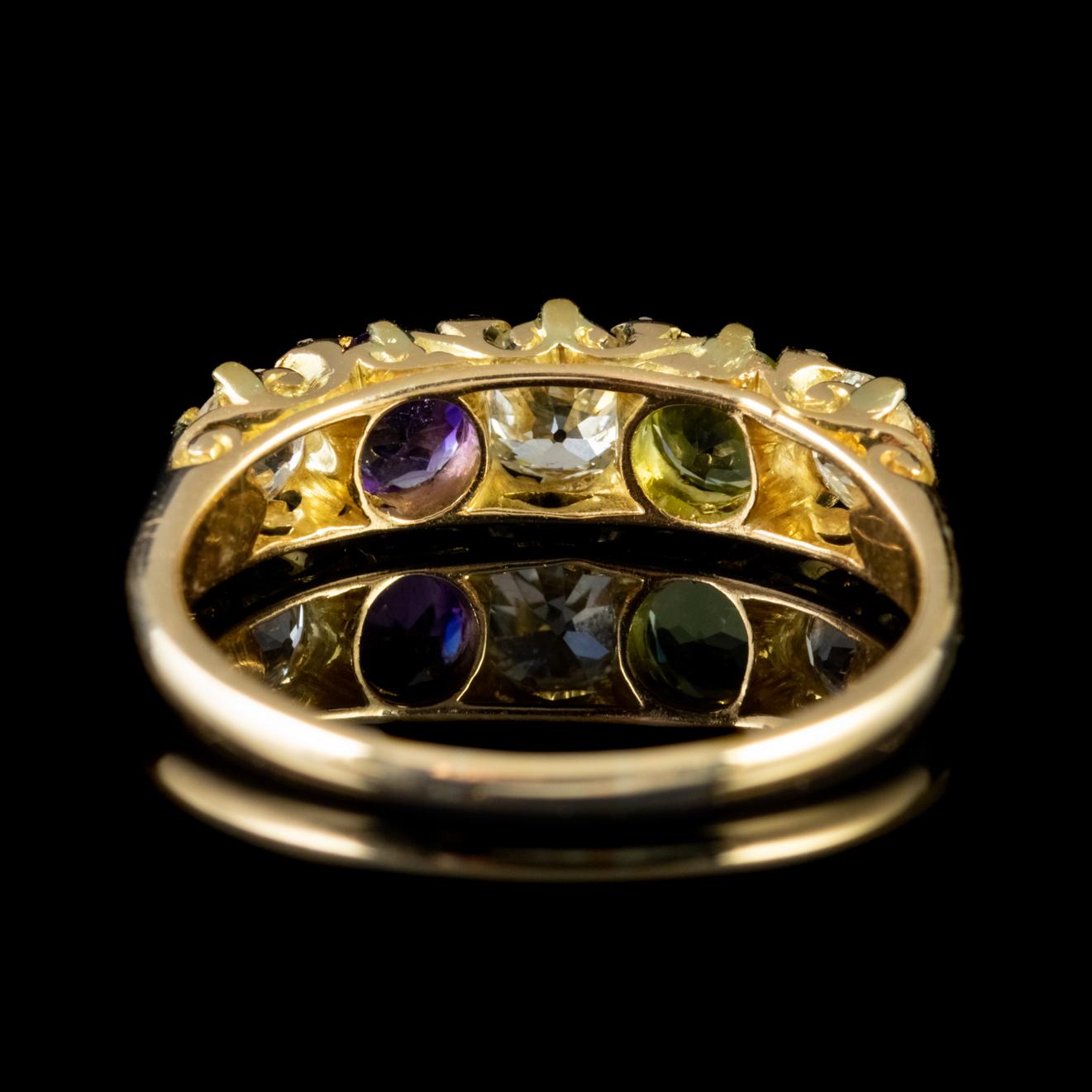 Edwardian Antique Suffragette Amethyst Peridot Diamond Ring 18 Carat Gold, circa 1905