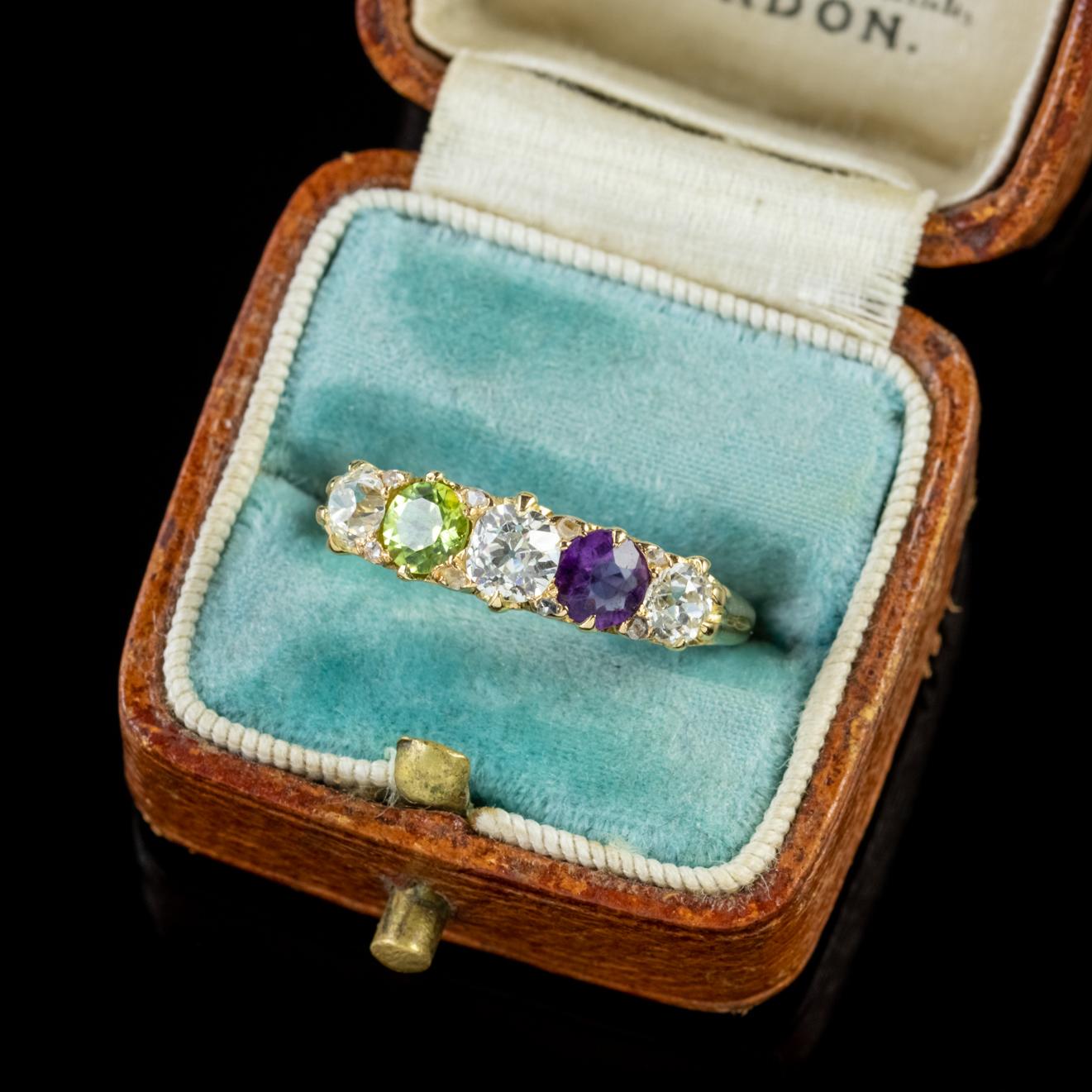 Antique Suffragette Amethyst Peridot Diamond Ring 18 Carat Gold, circa 1905 1