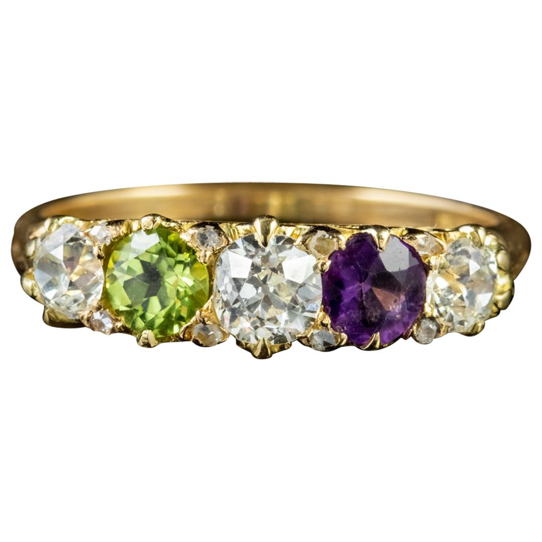 Antique Suffragette Amethyst Peridot Diamond Ring 18 Carat Gold, circa 1905