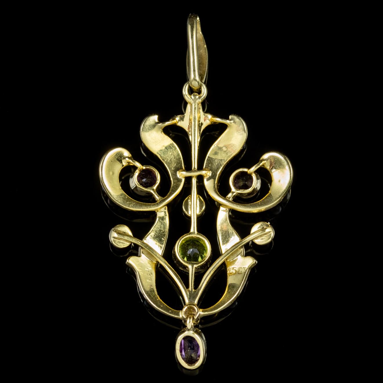 A stunning antique Suffragette pendant from the Edwardian era decorated with lustrous Pearls and three violet Amethysts with a central 0.22ct Peridot in the centre.

Suffragette jewellery was worn to show one’s allegiance to the women’s Suffragette