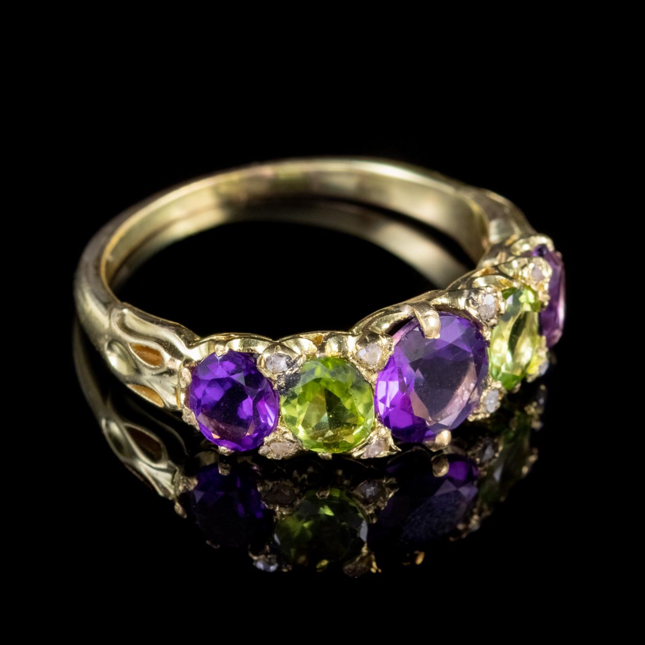 Antique Suffragette Edwardian Amethyst Peridot Ring 18 Carat Gold, circa 1910 1