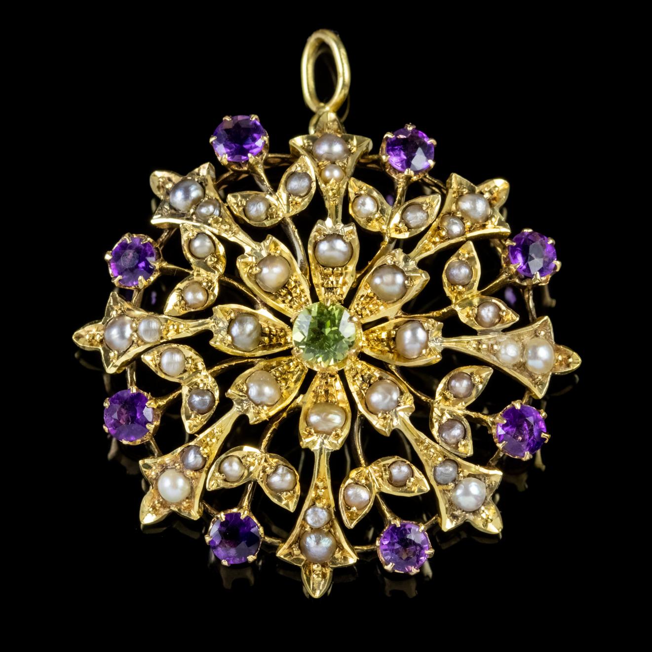This spectacular Antique Edwardian Suffragette pendant is a starburst of Pearls and Amethysts with a lovely 0.25ct Peridot at its heart. 

Suffragette jewellery was worn to show one’s allegiance to the women’s Suffragette movement in the early 20th