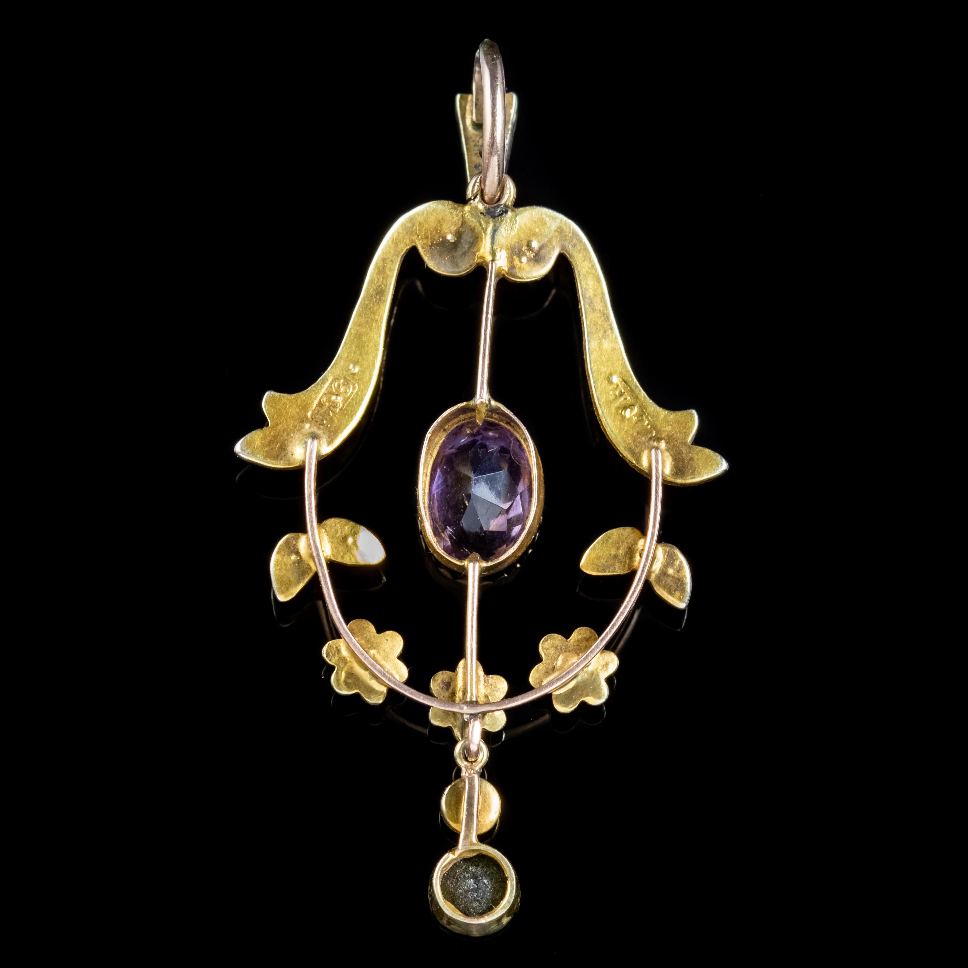 A lovely antique Edwardian Suffragette pendant decorated with Pearls, a 0.20ct Peridot dropper and a 1ct Amethyst in the centre. 

Suffragettes liked to be depicted as feminine, their jewellery popularly consisted of Violet, Green and White stones