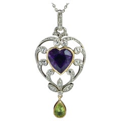 Antique Suffragette Heart Pendant Necklace Platinum 18 Carat Gold Edwardian