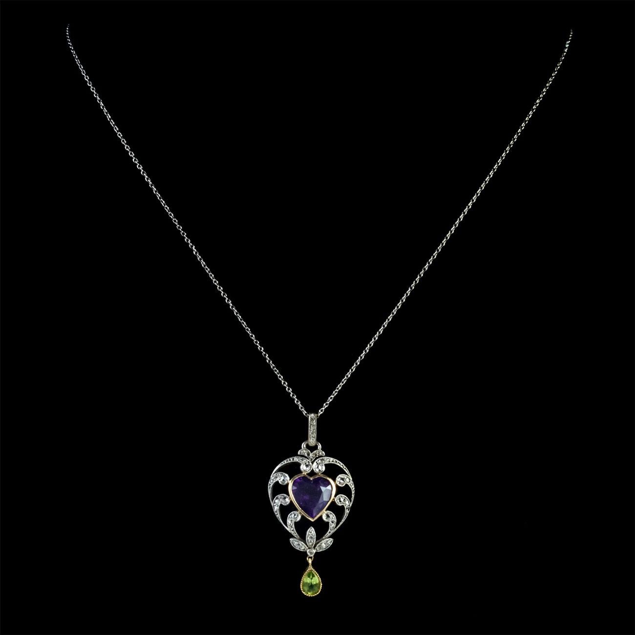 Women's Antique Suffragette Heart Pendant Necklace Platinum 18 Carat Gold Edwardian