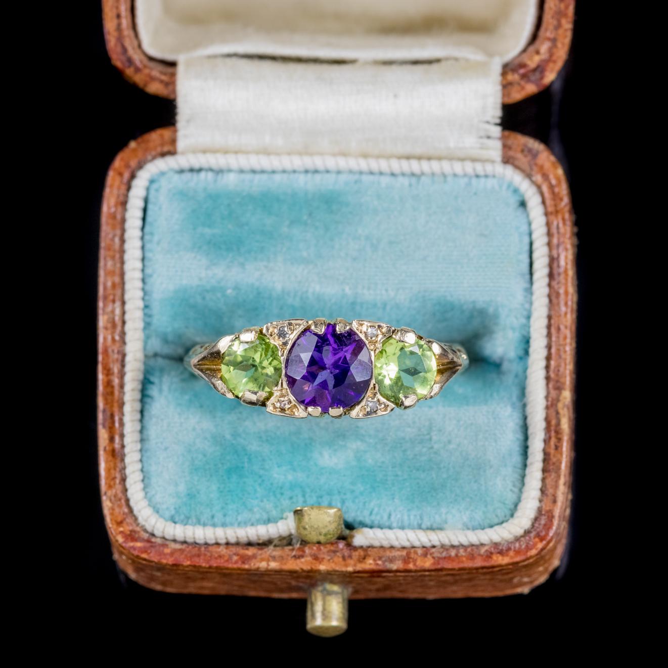 Antique Suffragette Peridot Amethyst Diamond Ring Victorian Dated 1902 2