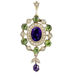 Antique Suffragette Victorian Floral Pendant Amethyst 18 Carat Gold, circa 1900