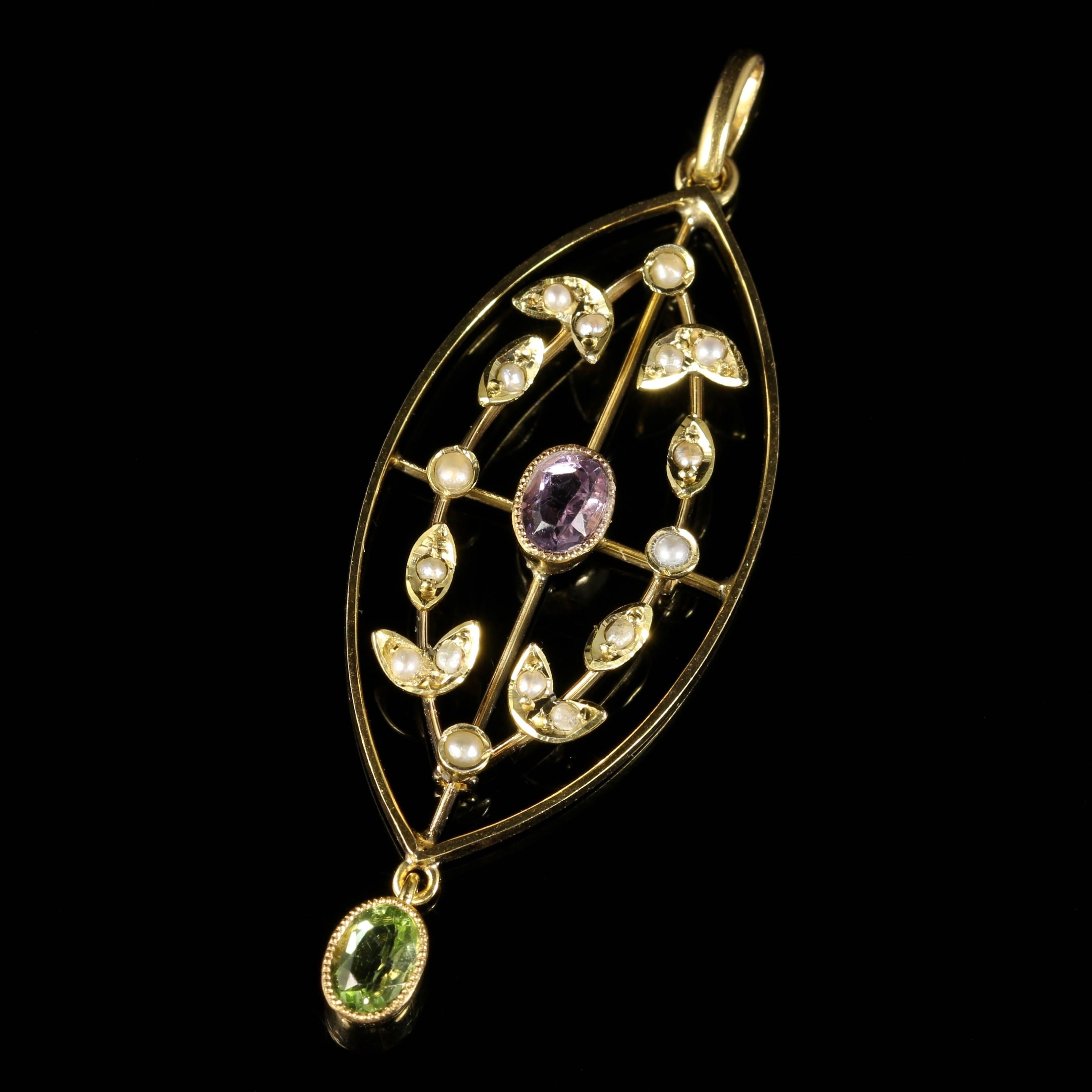 For more details please click continue reading down below...

This fabulous antique 9ct Gold Suffragette pendant is genuine Victorian, Circa 1900. 

The beautiful Suffragette pendant boasts a central violet Amethyst, a rich green Peridot dropper and