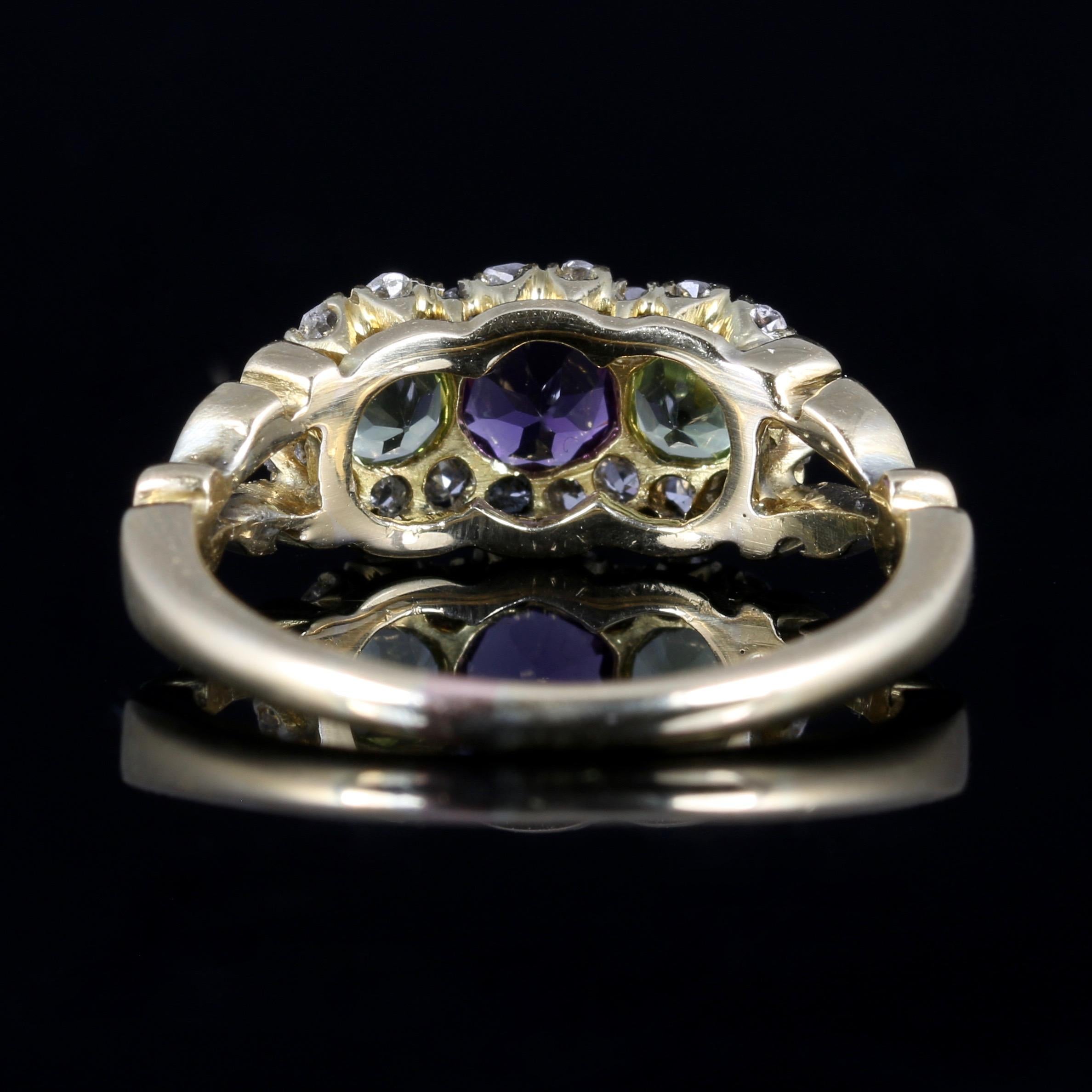 Antique Suffragette Victorian Ring 18 Carat Gold Diamond Amethyst Peridot In Excellent Condition In Lancaster, Lancashire