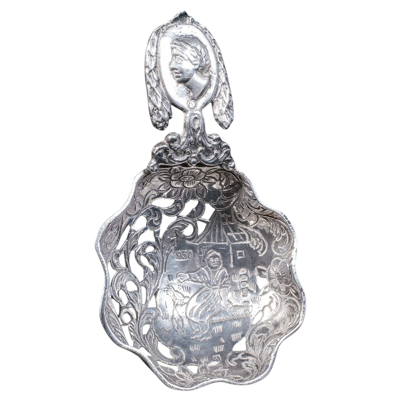 Antique Sugar Casting Spoon, Dutch, Silver, Sifter, Import Hallmarks, Victorian