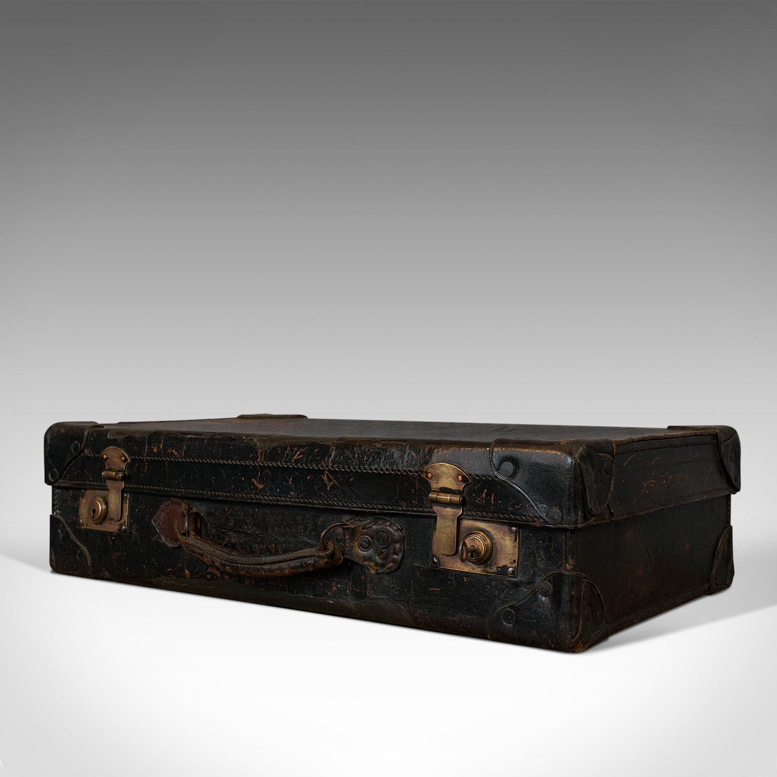 20th Century Antique Suitcase, English, Leather, Travel, Salesman, Officer, Case, Edwardian