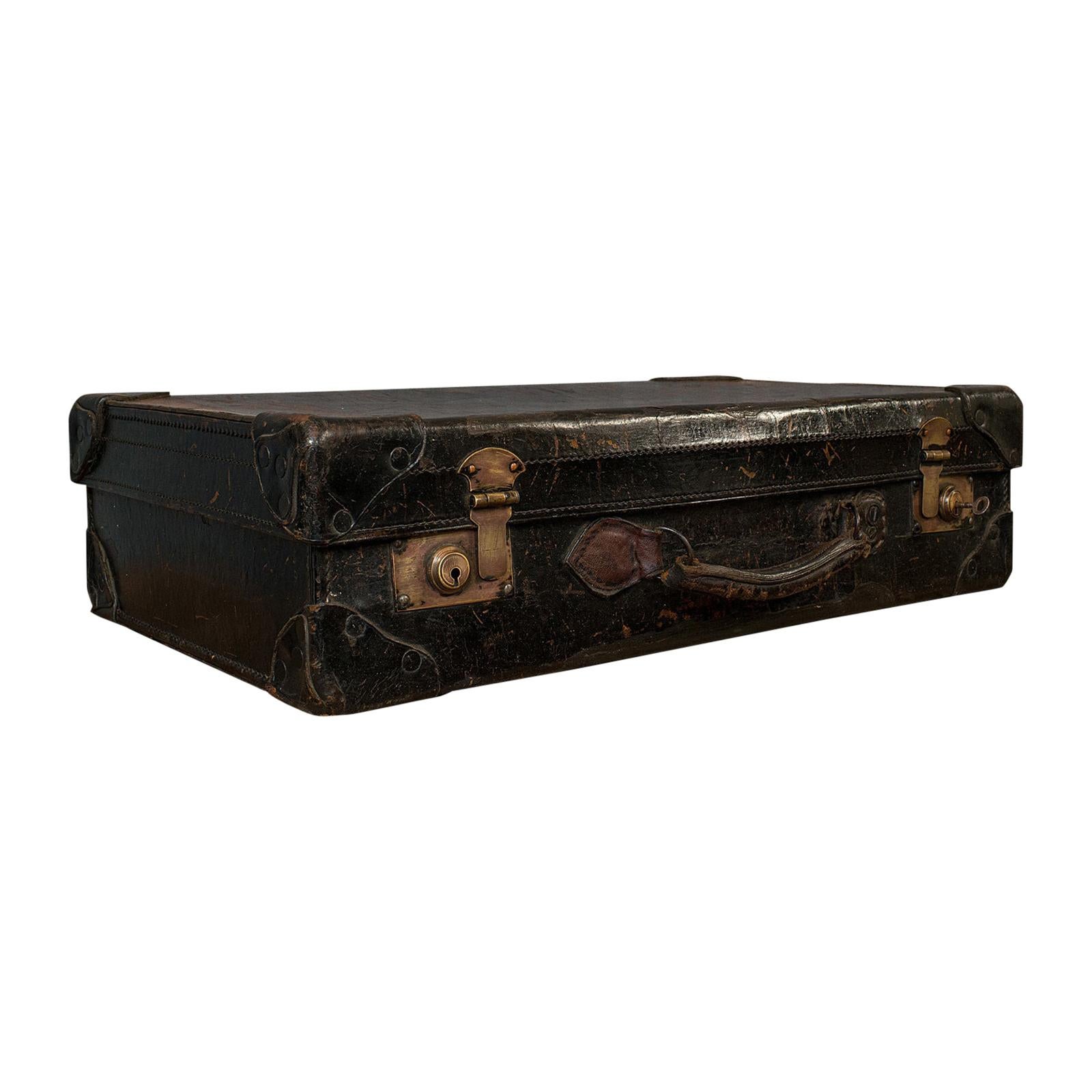 Antique Suitcase, English, Leather, Travel, Salesman, Officer, Case, Edwardian