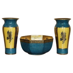 Antique Suite of Mason's Ironstone China Cobalt Blue & Gold Gilt Vases & Bowl