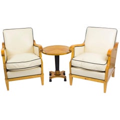 Antique Suite Swedish Biedermeier Revival Pair of Armchairs and Side Table
