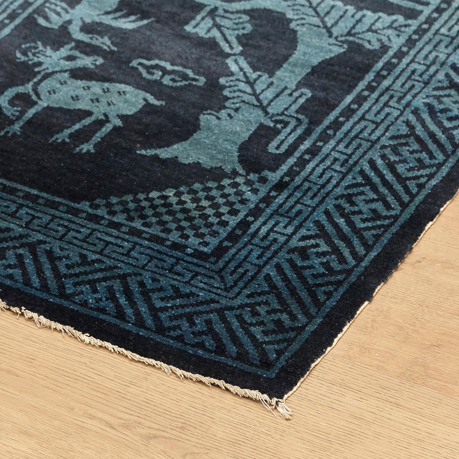 Antique Suiyuan Chinese Blue Chinese Export, Hand Knotted Wool, circa 1940 3