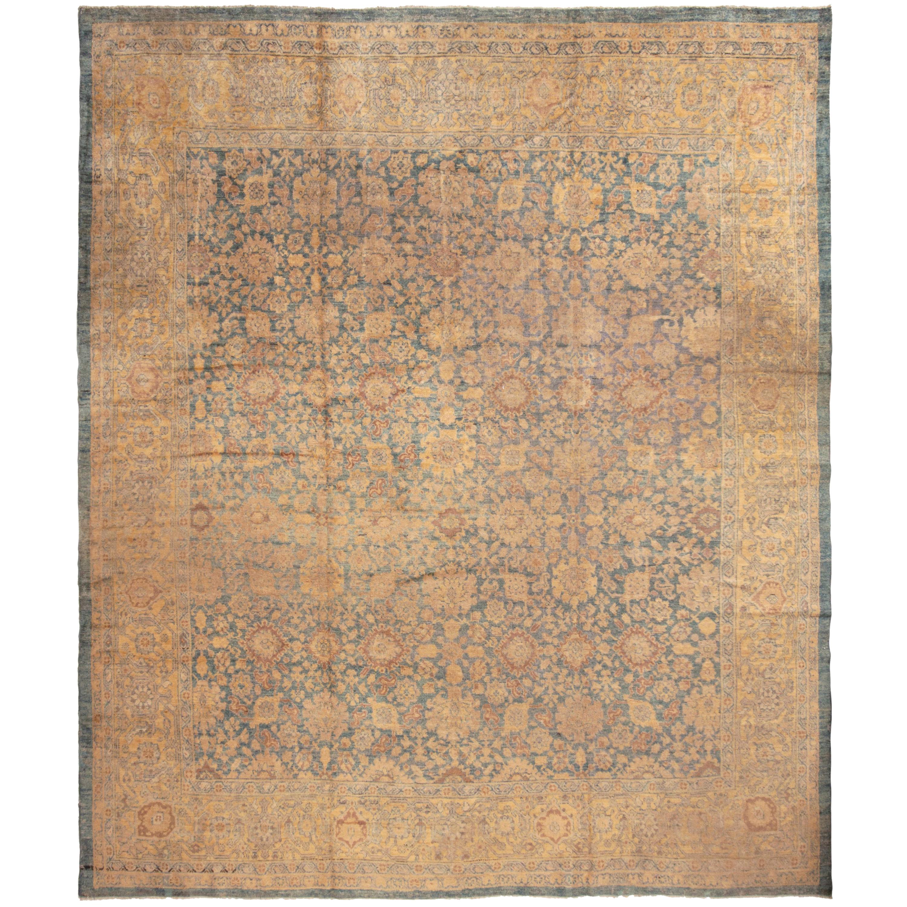 Antique Sultanabad Blue and Yellow Wool Rug with All-Over Floral Pattern