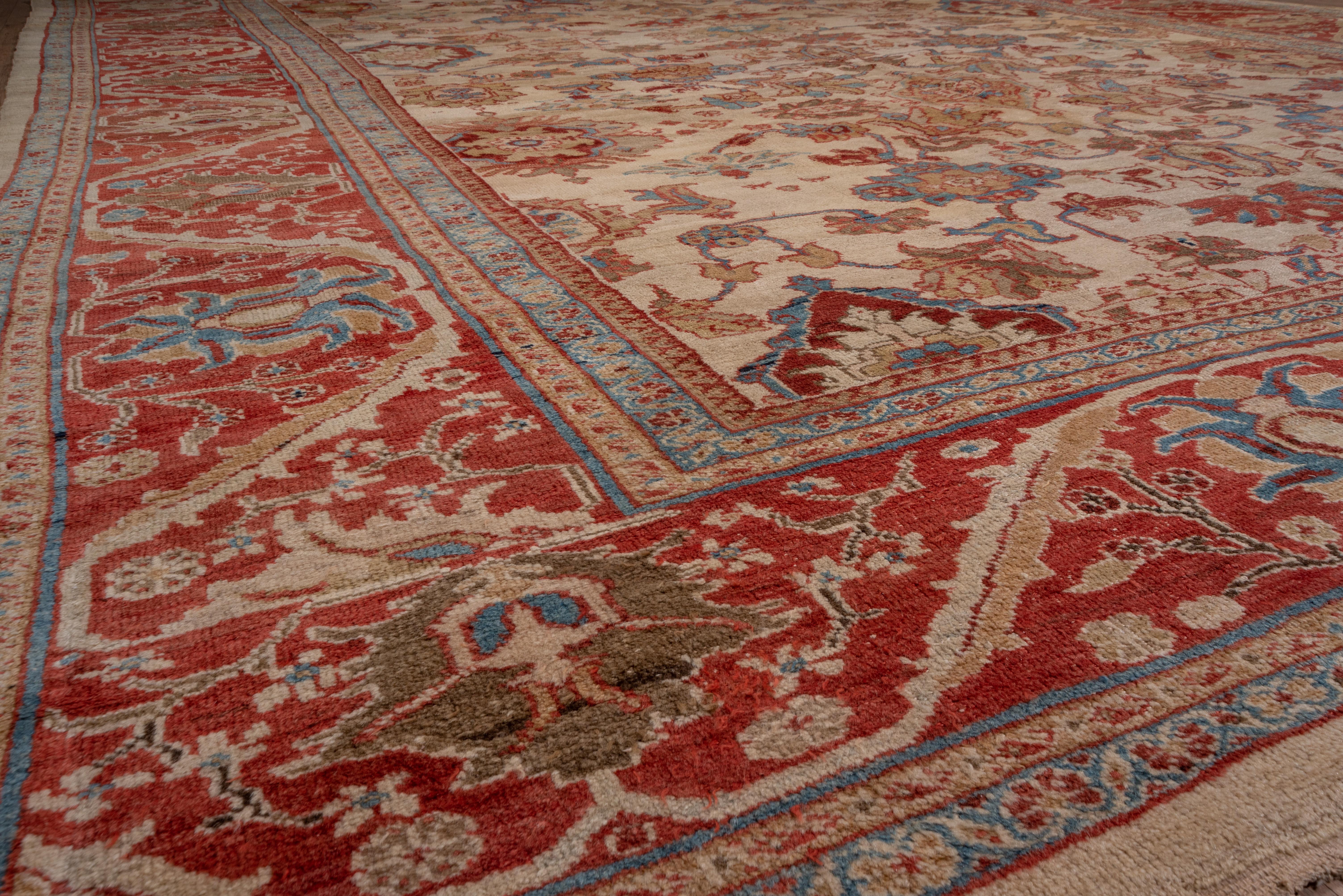 Persian Antique Sultanabad Carpet All-Over Field, Cream Field, Bright Red & Blue Borders For Sale