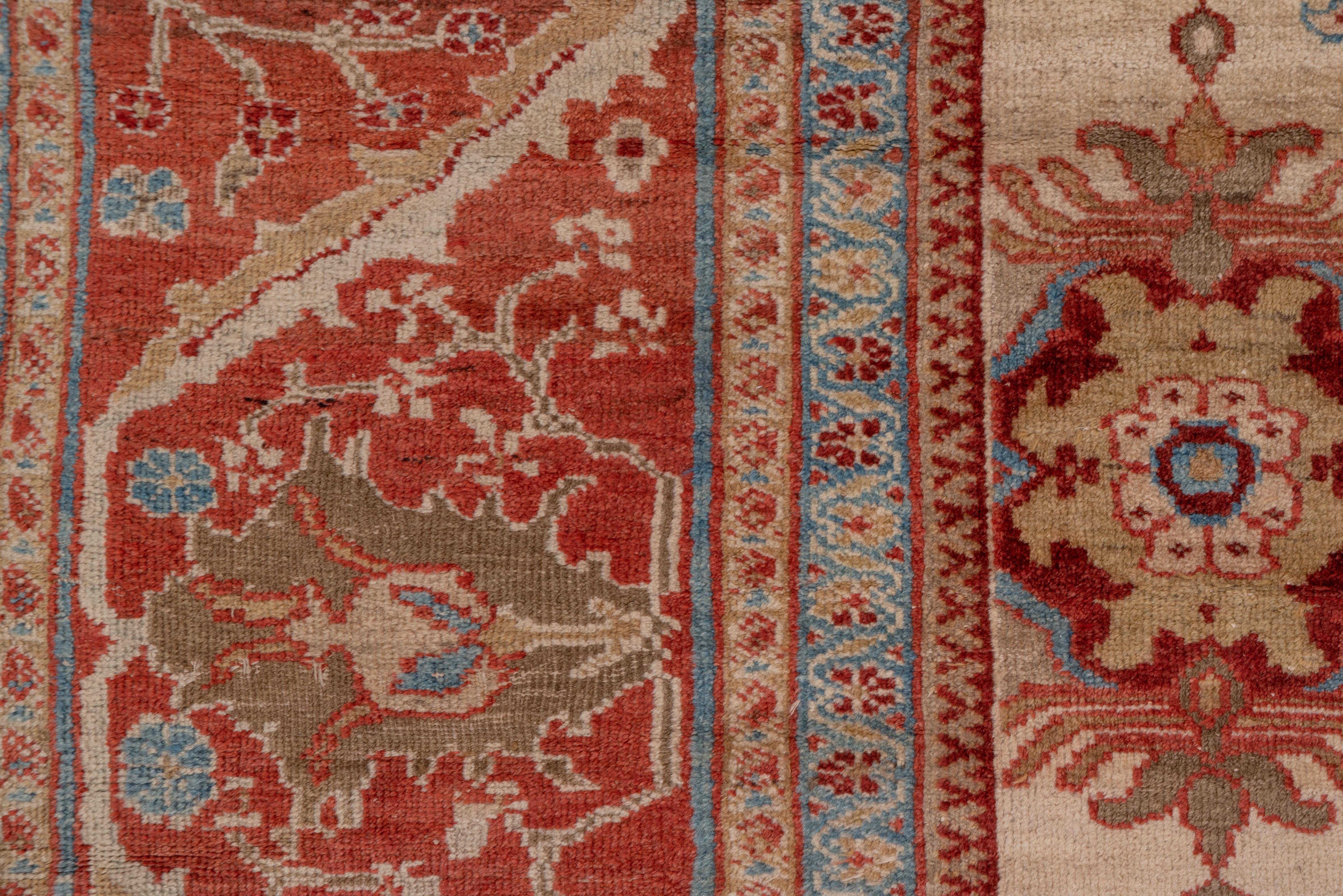 Wool Antique Sultanabad Carpet All-Over Field, Cream Field, Bright Red & Blue Borders For Sale
