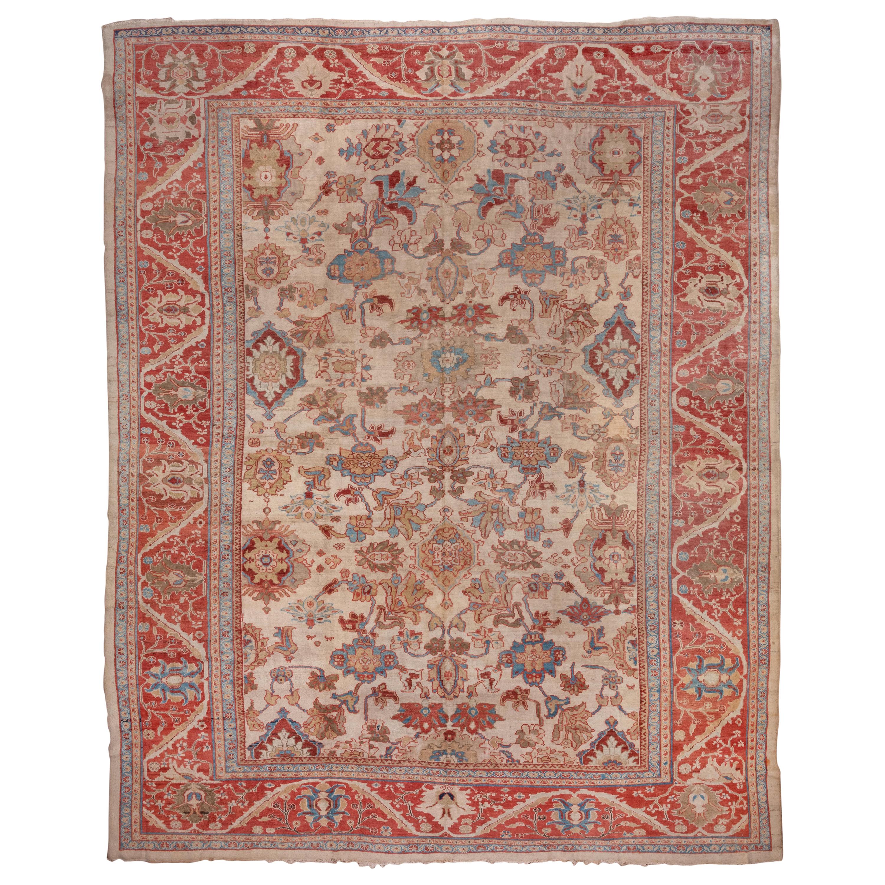 Antique Sultanabad Carpet All-Over Field, Cream Field, Bright Red & Blue Borders For Sale