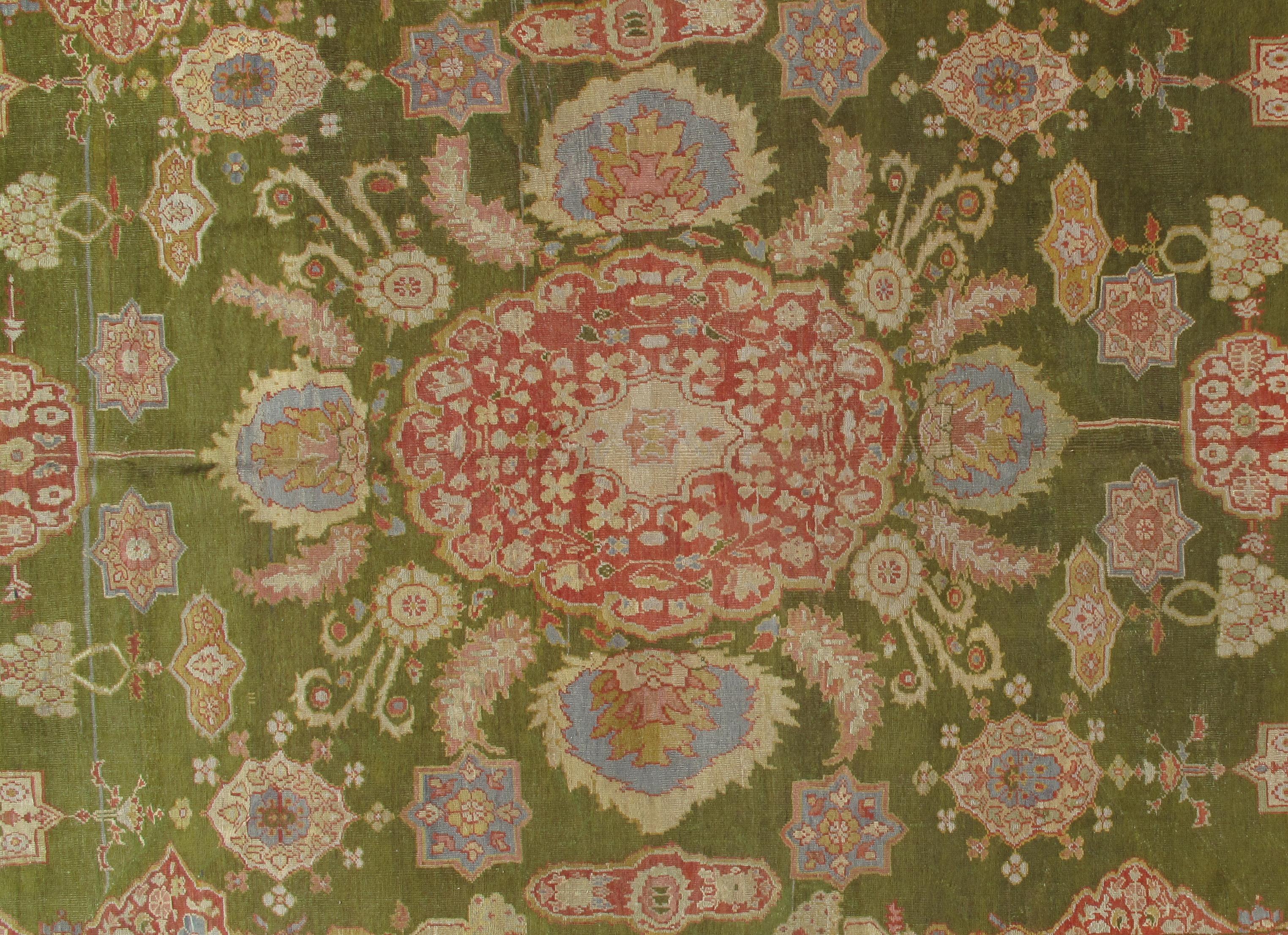 19th Century Antique Persian Sultanabad Carpet Green, Coral-Red, Light Blue, Gold and Ivory For Sale