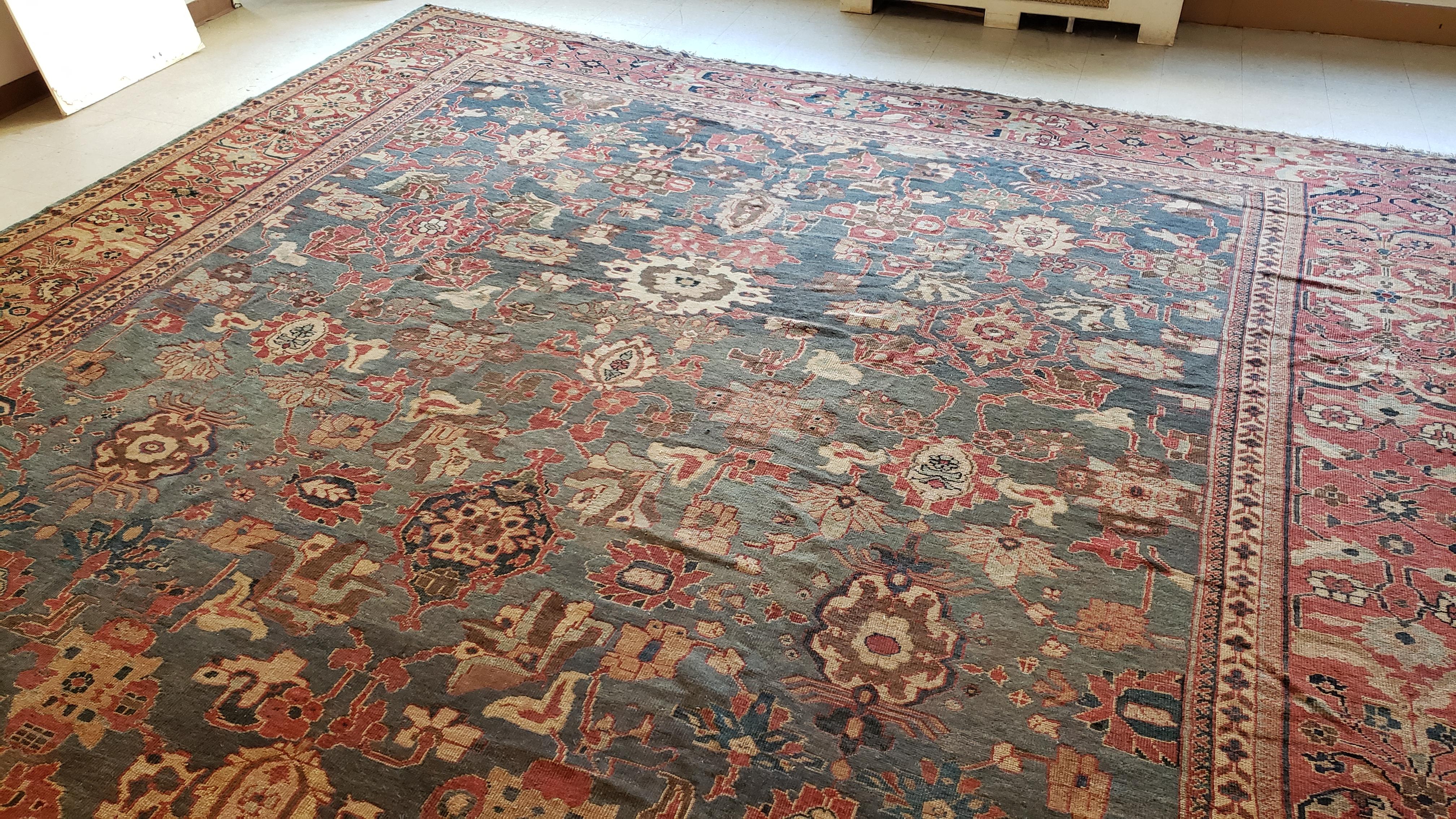 Wool Antique Sultanabad Carpet, Handmade Persian Rug, Gray, Blue, Green Soft Red For Sale