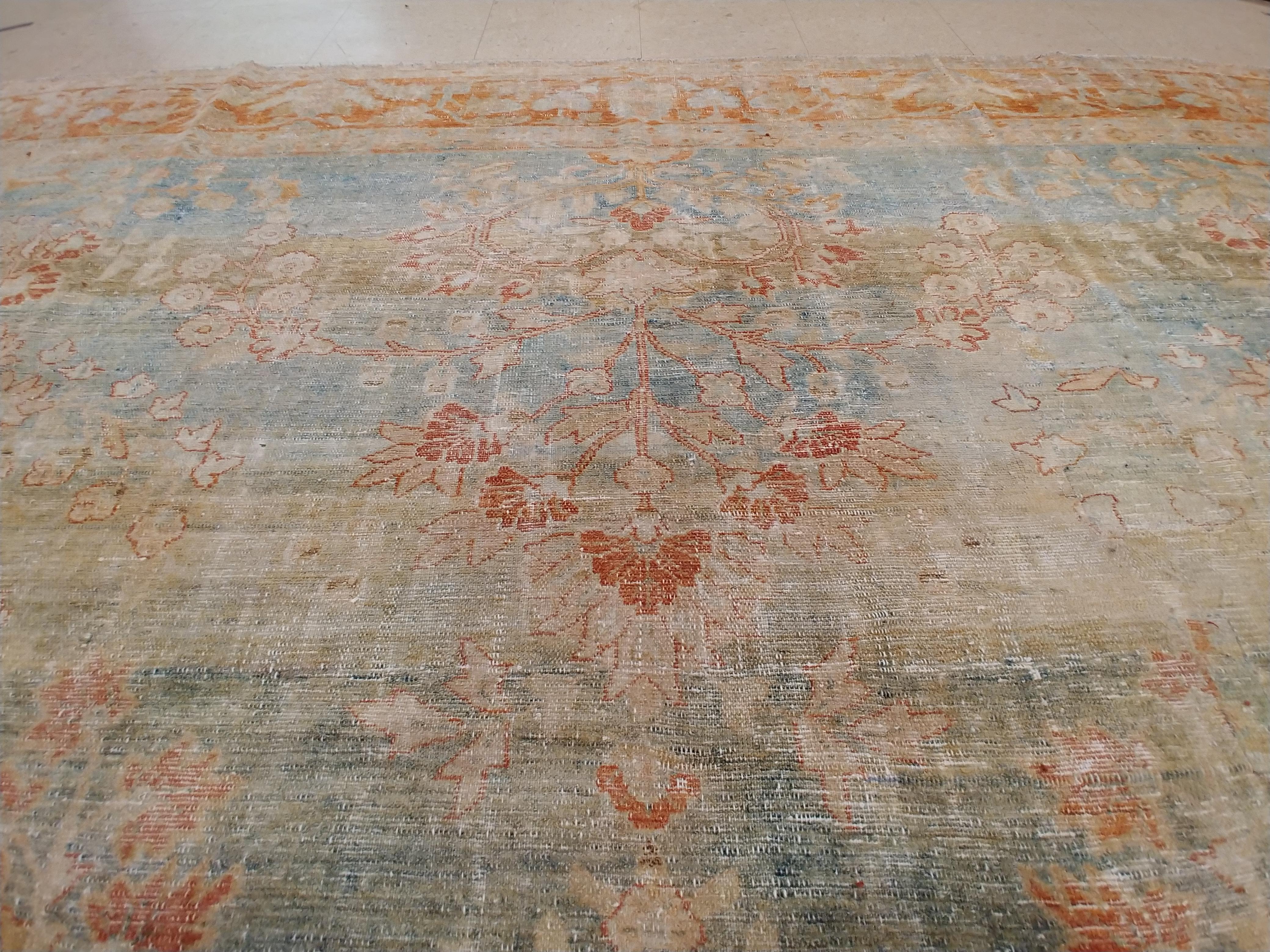 Persian Antique Sultanabad Carpet, Handmade Oriental Rug, Soft, Pale Blue, Orange