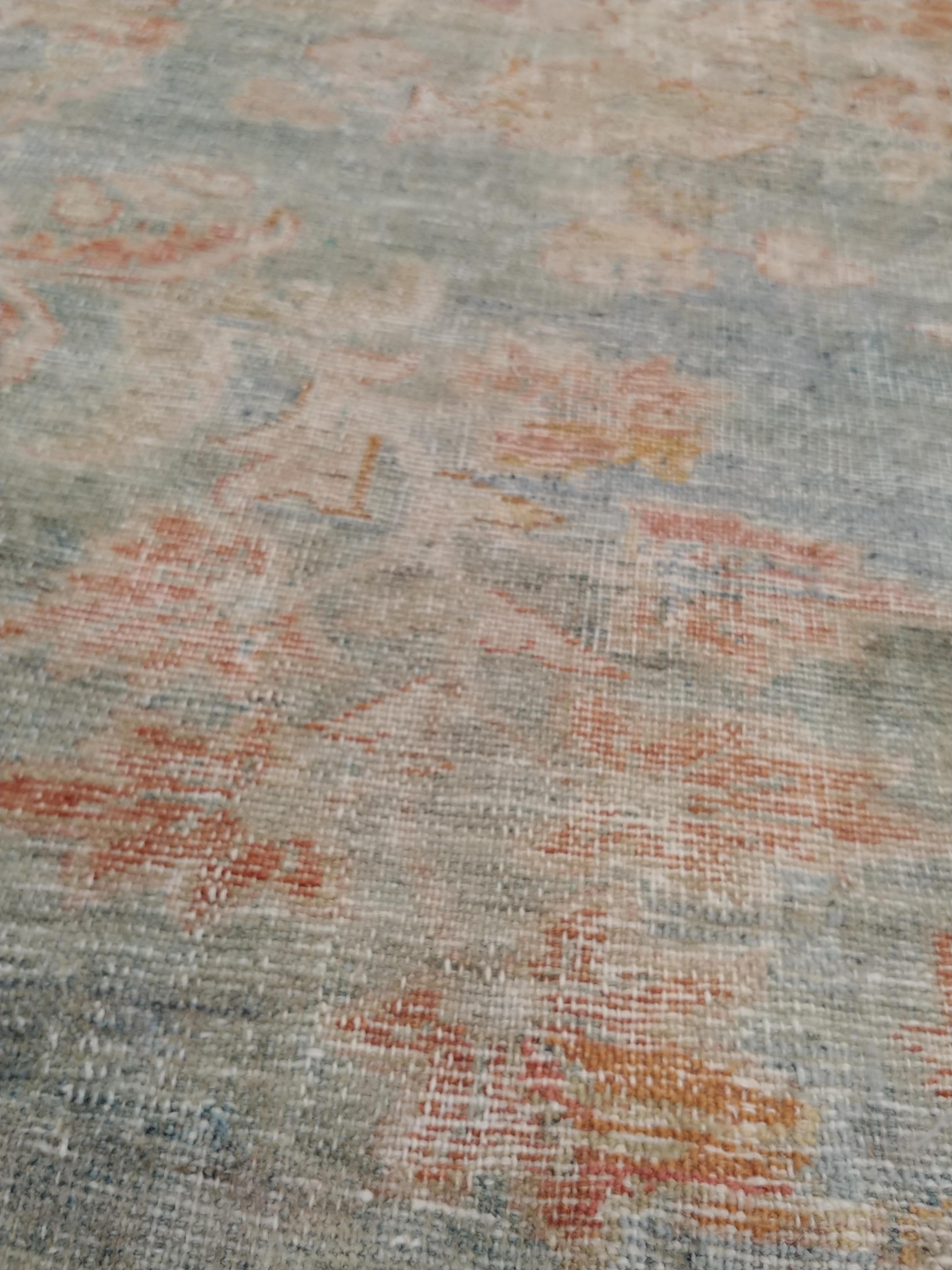 Antique Sultanabad Carpet, Handmade Oriental Rug, Soft, Pale Blue, Orange In Fair Condition In Port Washington, NY