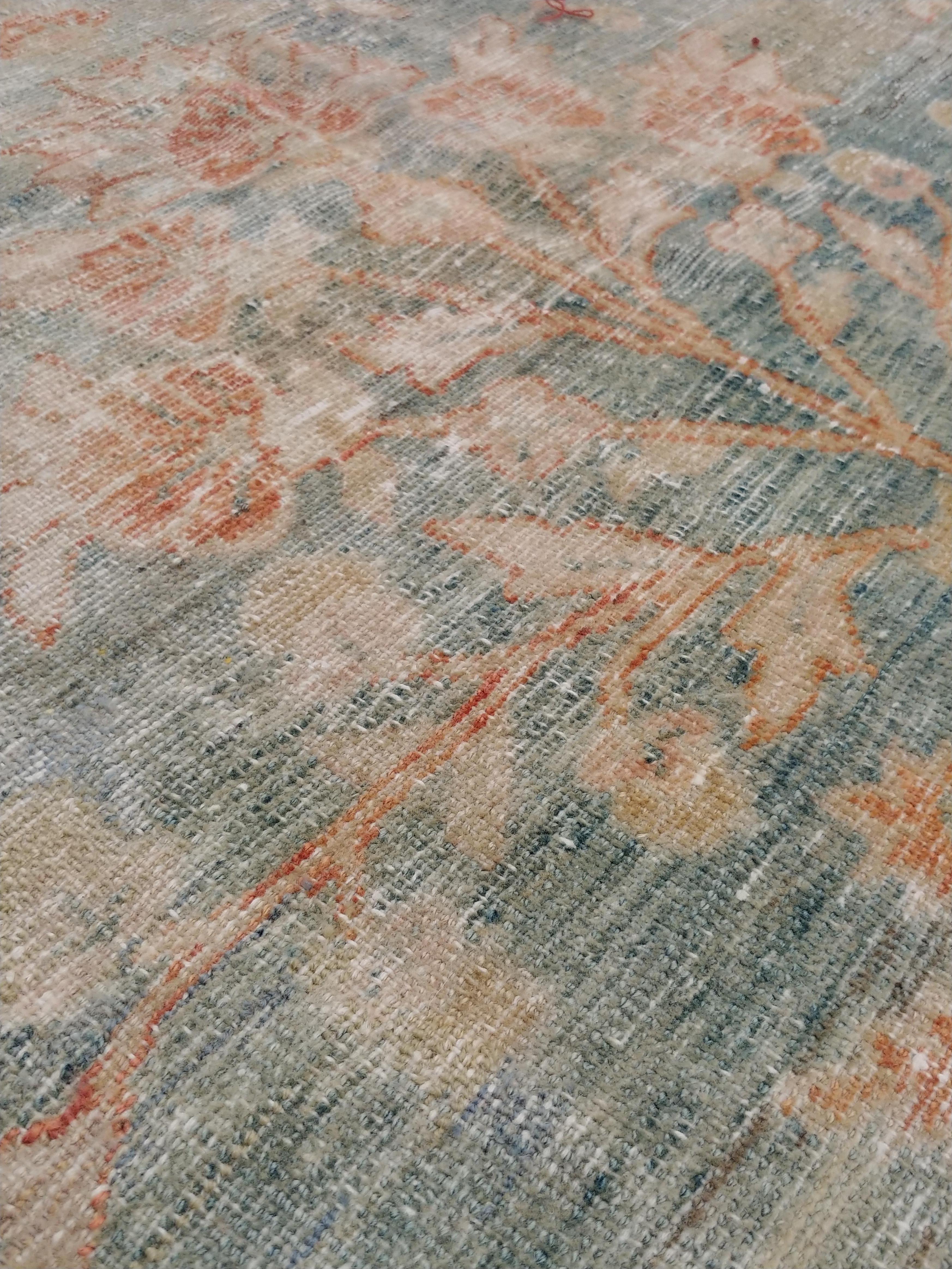 20th Century Antique Sultanabad Carpet, Handmade Oriental Rug, Soft, Pale Blue, Orange