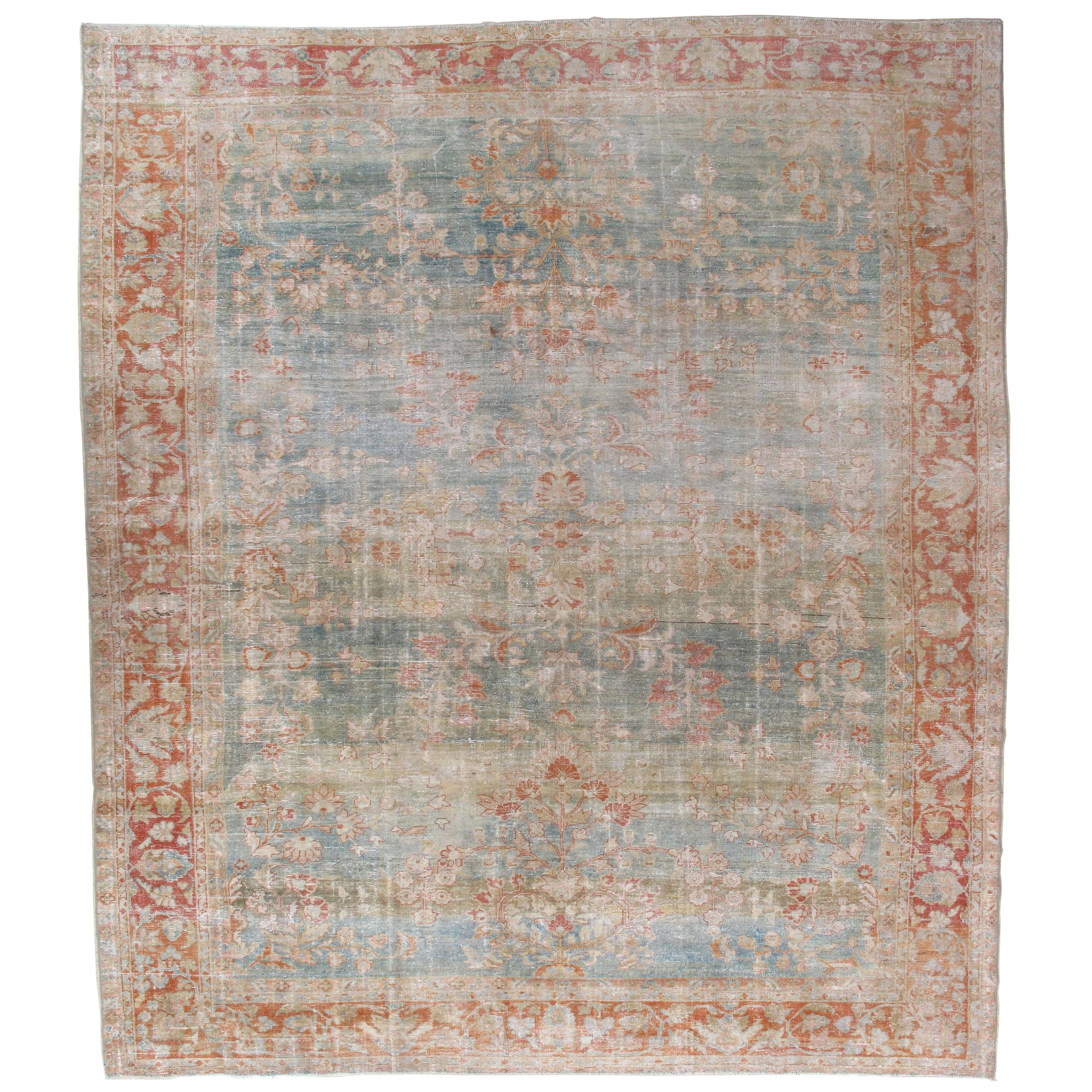 Antique Sultanabad Carpet, Handmade Oriental Rug, Soft, Pale Blue, Orange