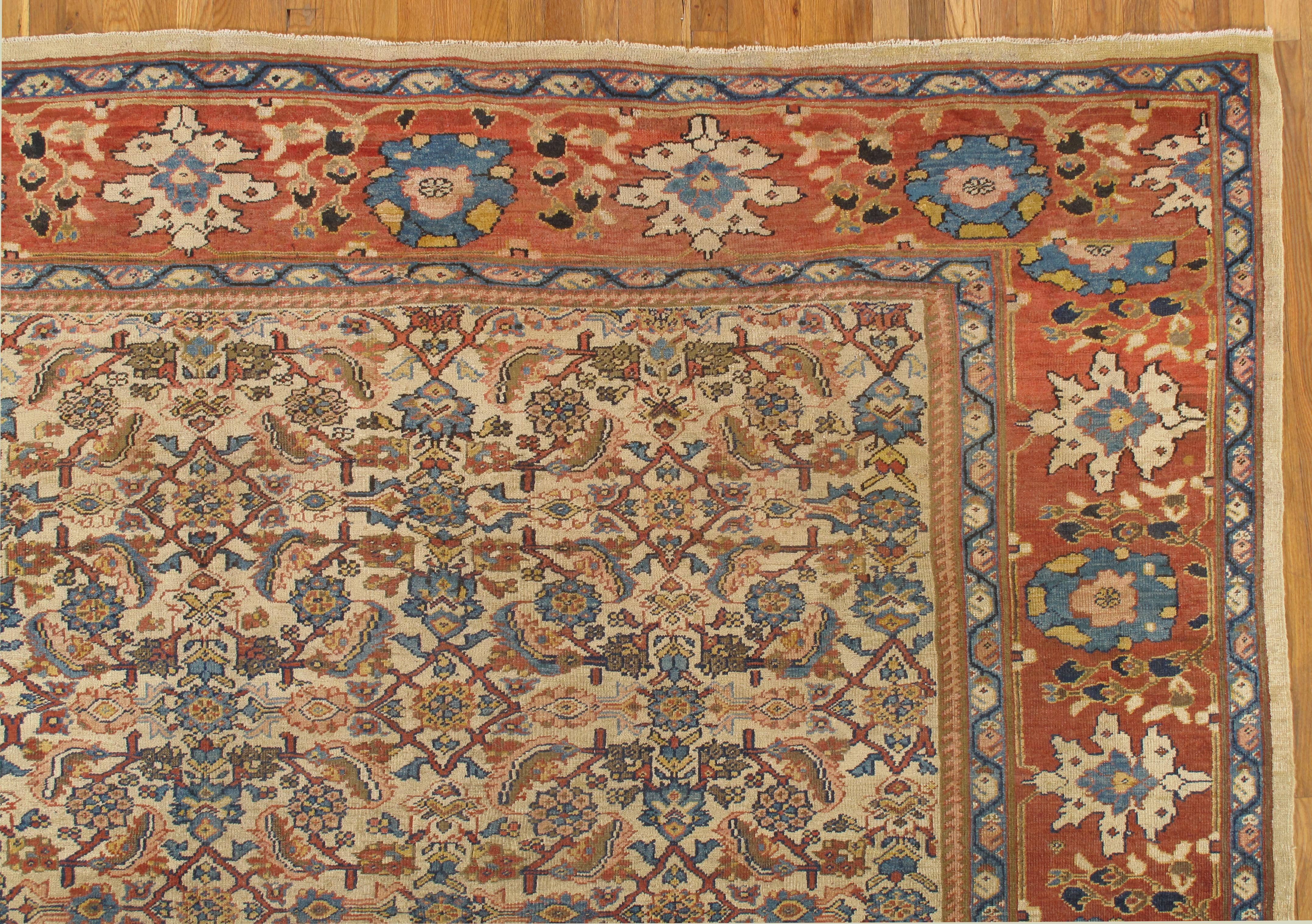 Perse Tapis persan ancien Sultanabad, fait à la main, ivoire, bleu, vert, rouge doux en vente