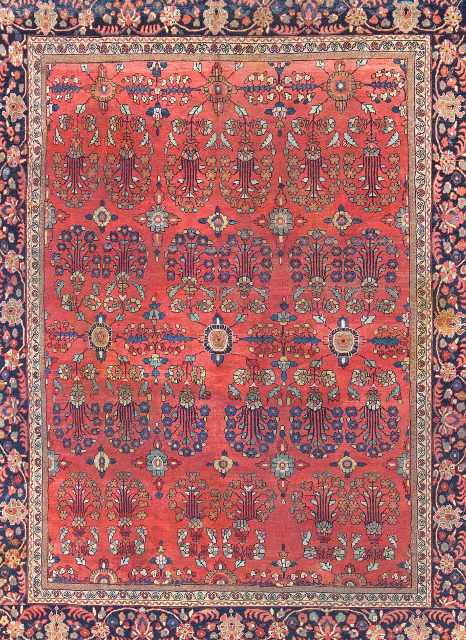 Persian Antique Sultanabad Carpet with All-Over Large Scale Flower Design With Red Field For Sale