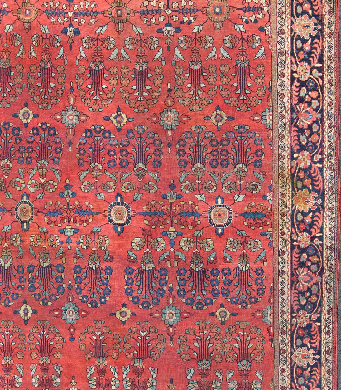 Hand-Knotted Antique Sultanabad Carpet with All-Over Large Scale Flower Design With Red Field For Sale