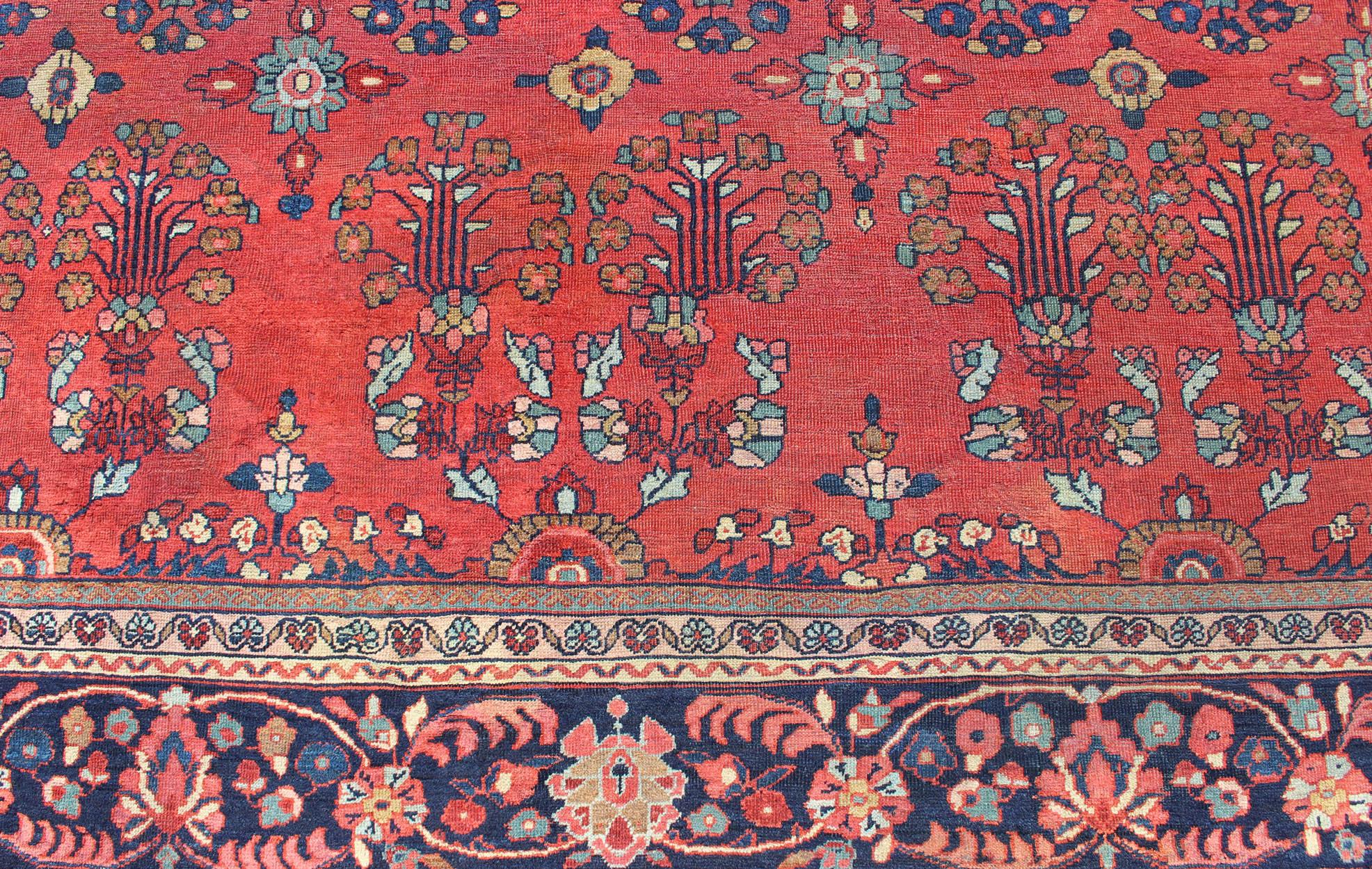 Antique Sultanabad Carpet with All-Over Large Scale Flower Design With Red Field For Sale 1